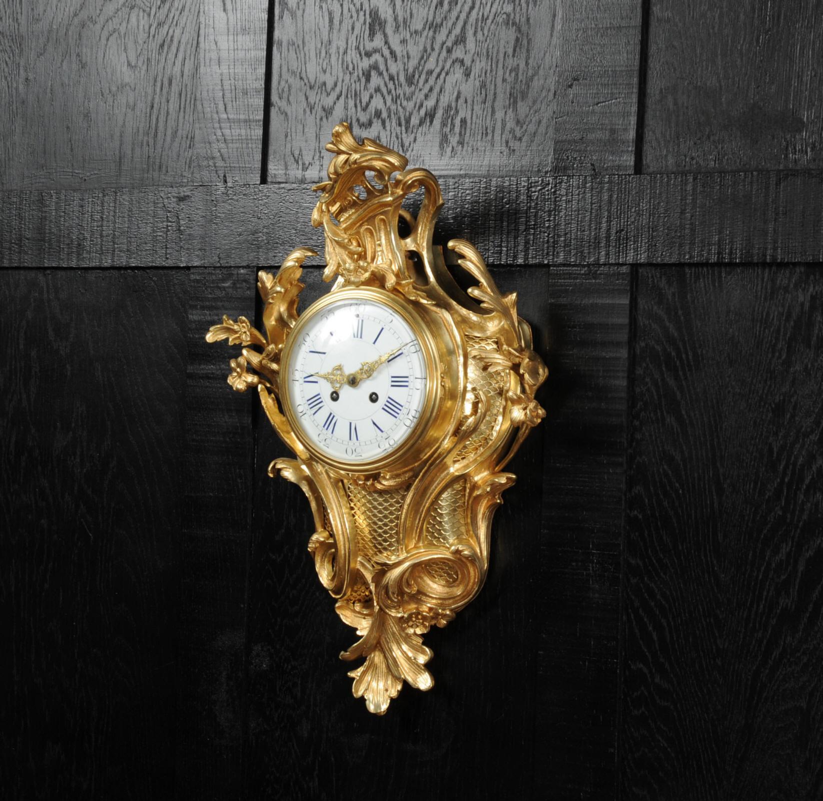 Large Antique French Louis XV Ormolu Rococo Cartel Wall Clock For Sale 1