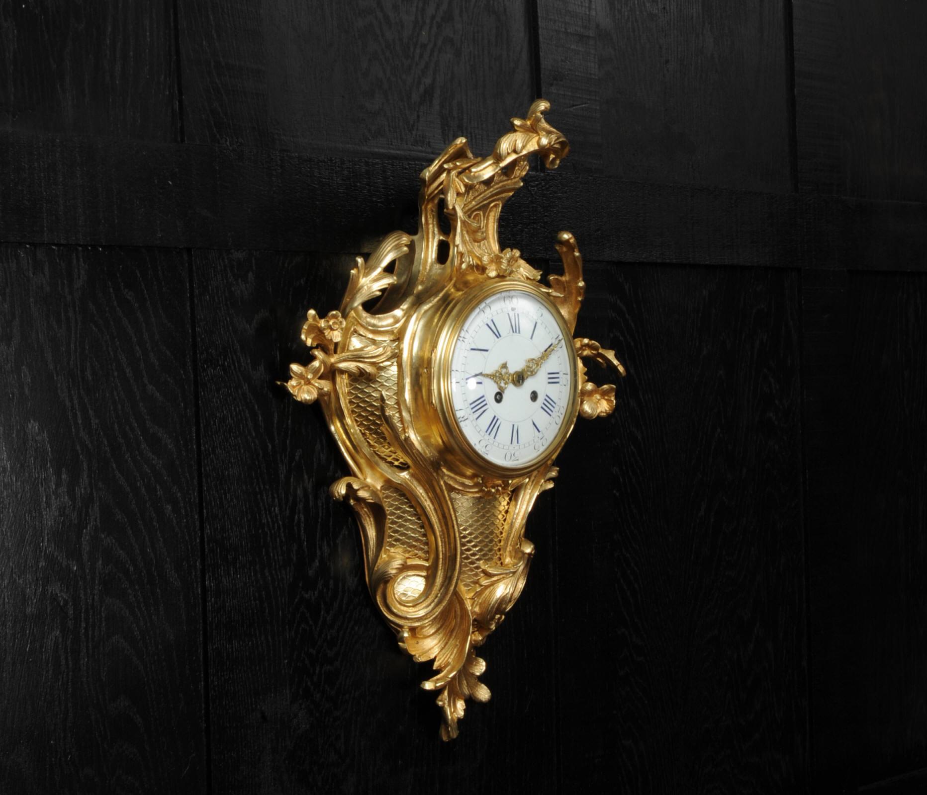 Large Antique French Louis XV Ormolu Rococo Cartel Wall Clock For Sale 4