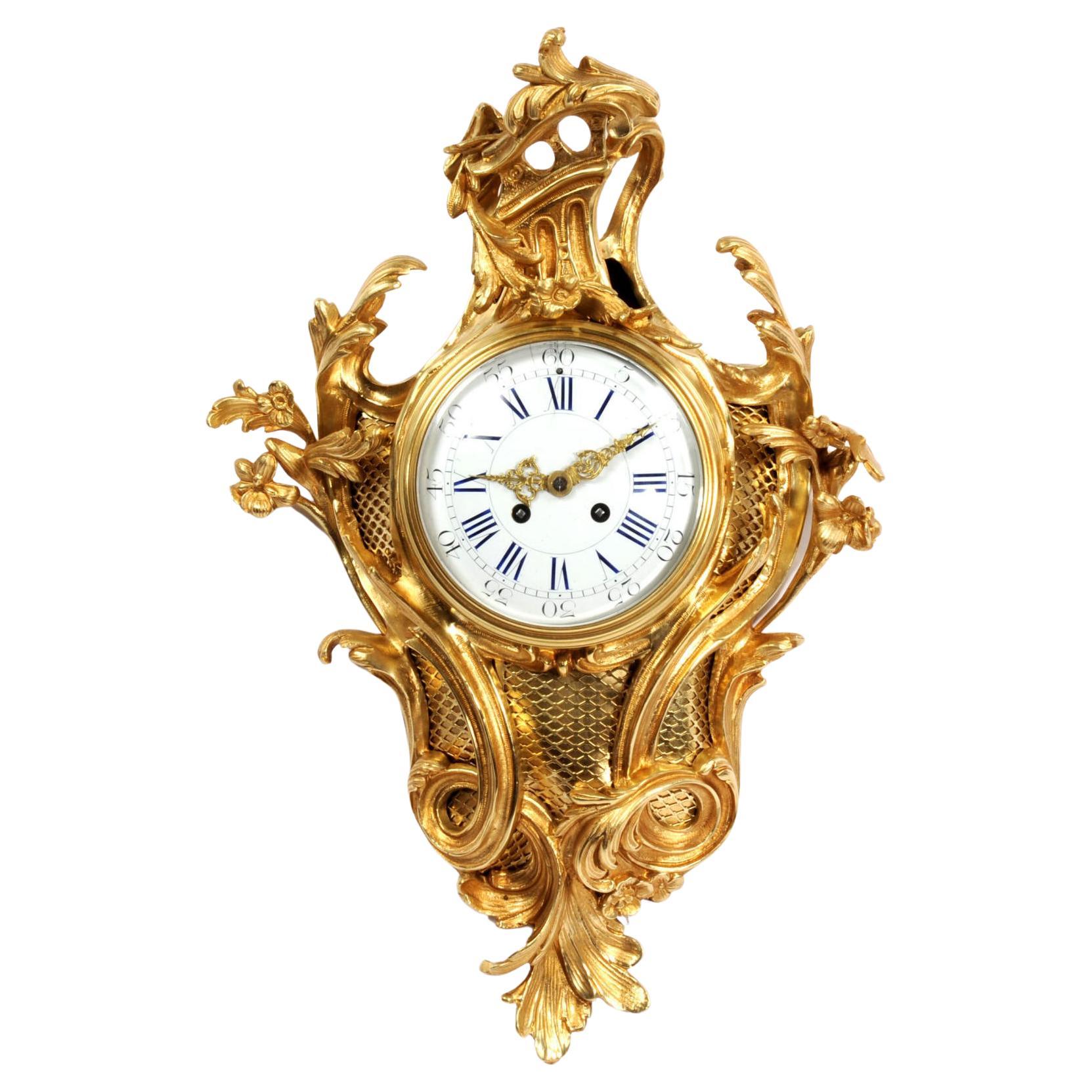 Large Antique French Louis XV Ormolu Rococo Cartel Wall Clock