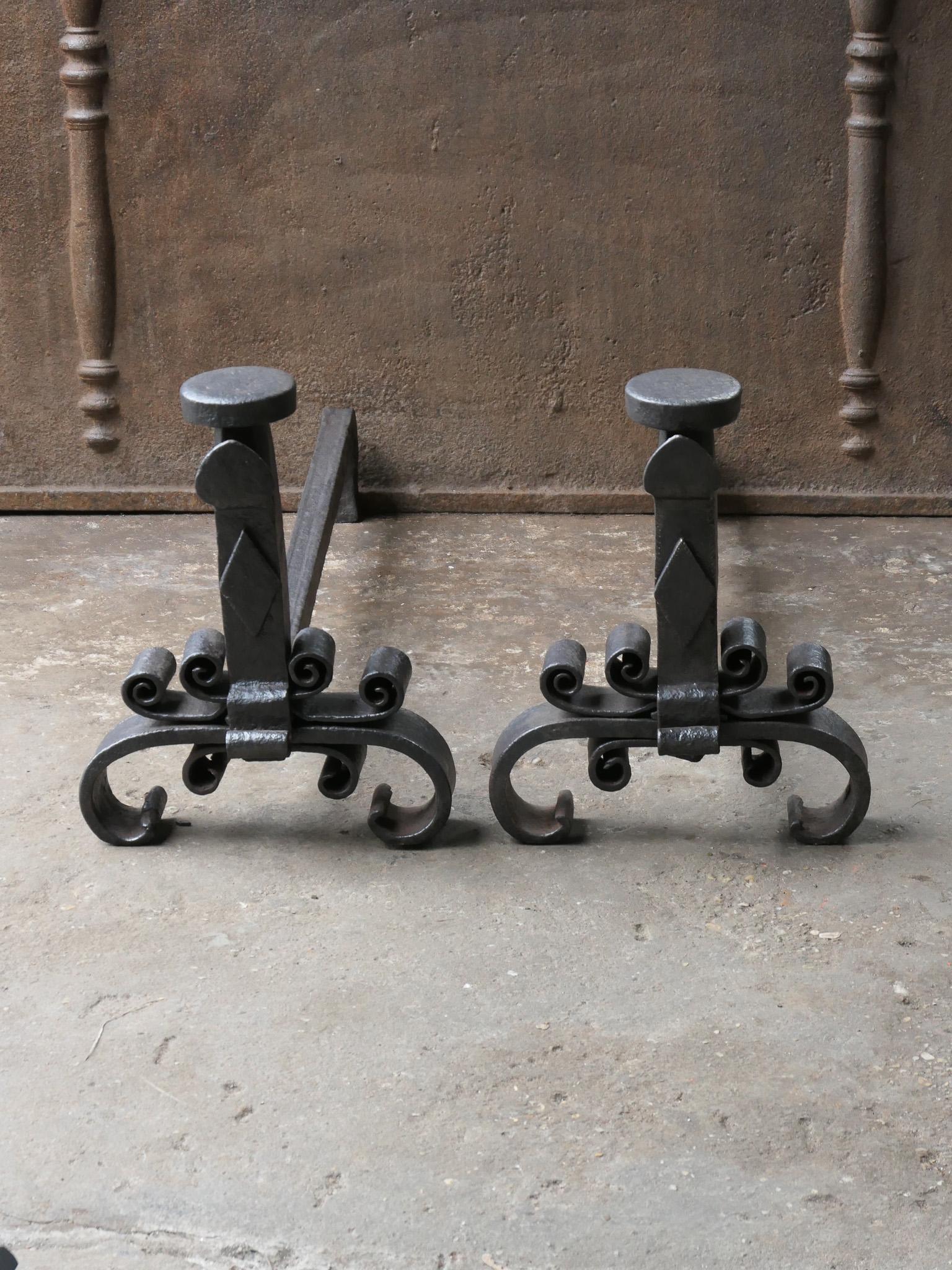 Forged Large Antique French Louis XV Period Fire Andirons, 18th Century  For Sale