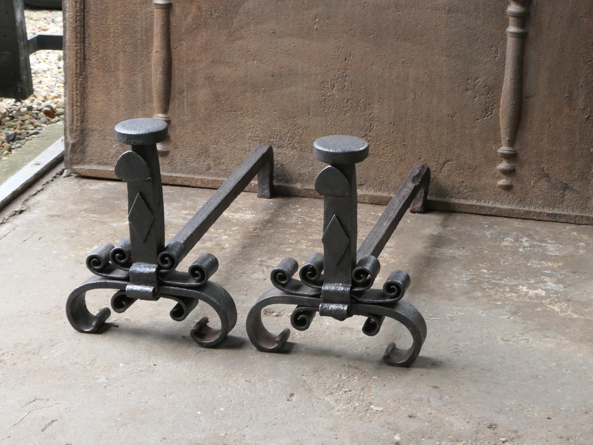 Wrought Iron Large Antique French Louis XV Period Fire Andirons, 18th Century  For Sale