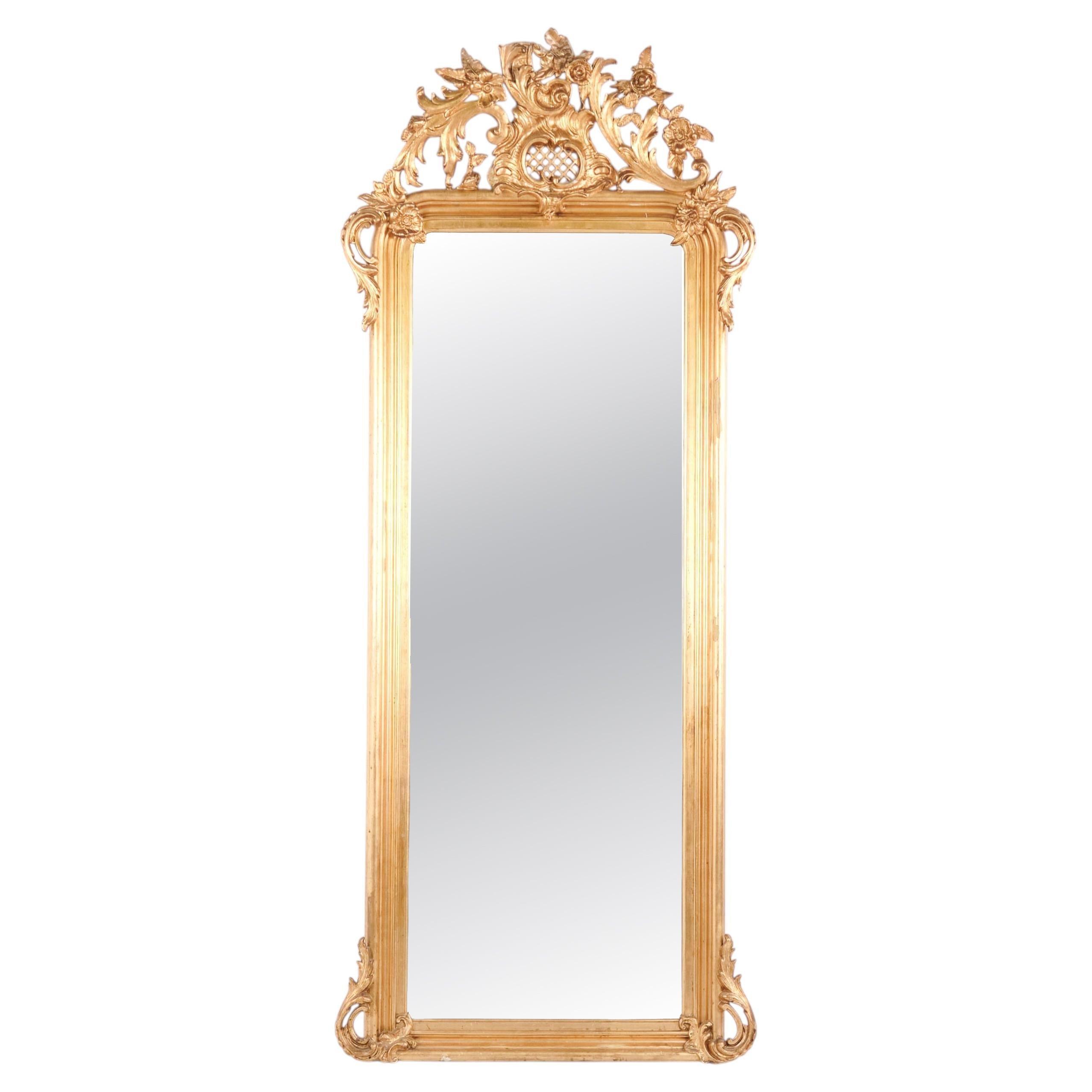 Grand miroir français ancien de style rococo Louis XV en bois doré, datant du XIXe siècle