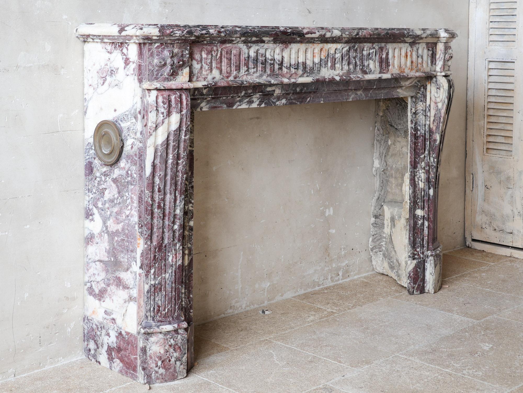 19th Century Large Antique French Louis XVI fireplace in Exceptional Fleur de Pêche marble For Sale