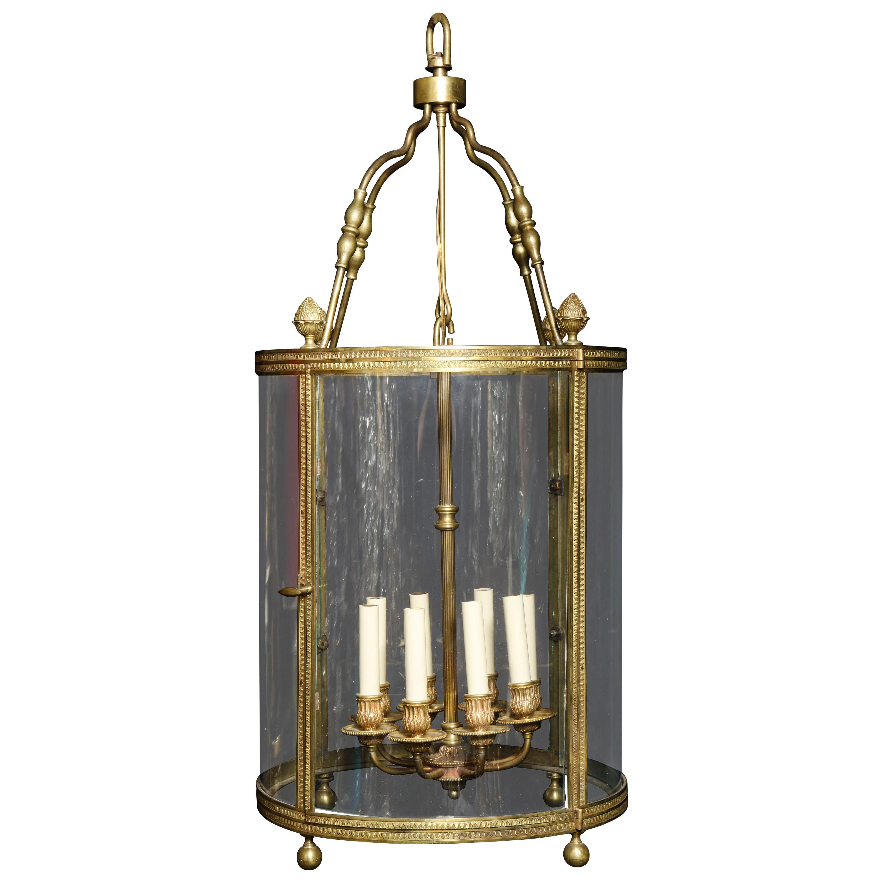 Grande lanterne française ancienne à plusieurs lumières en bronze doré et verre