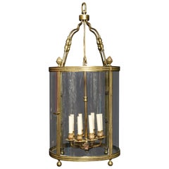 Gran Farol Multi Luz Francés Antiguo de Bronce Dorado y Vidrio