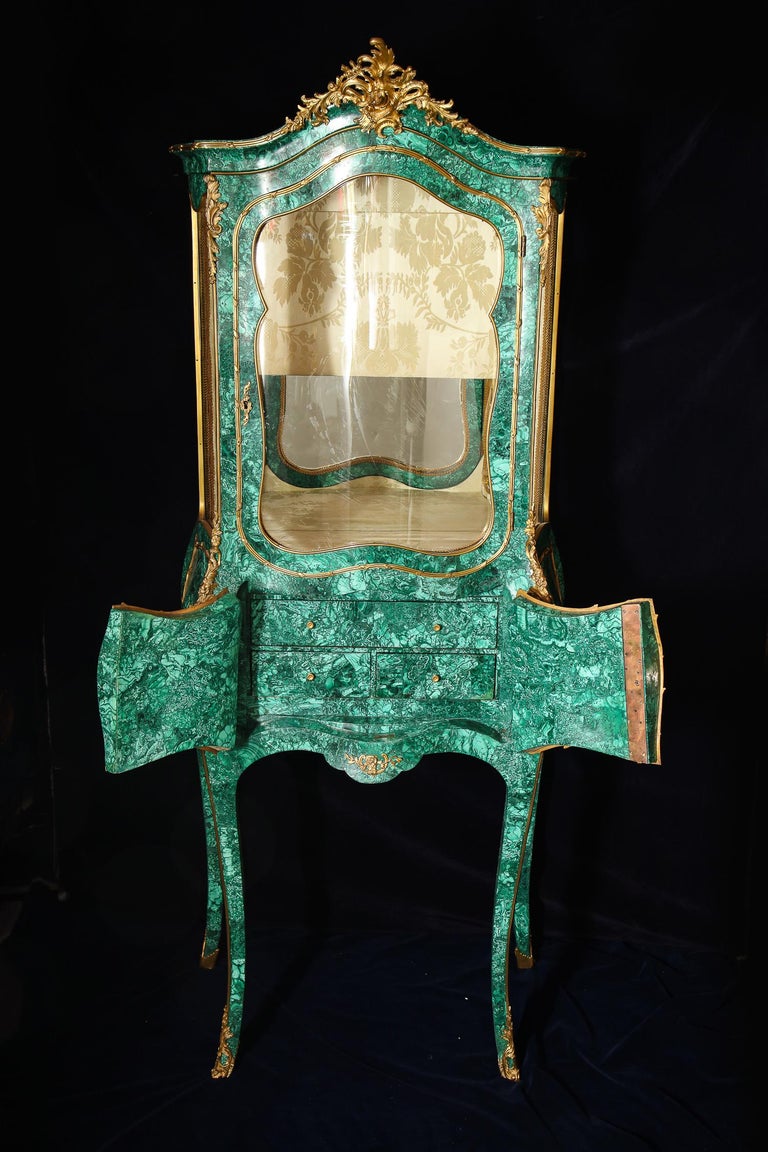 20th Century Large Antique French Louis XVI Gilt Bronze-Mounted Malachite Vitrine Cabinet For Sale