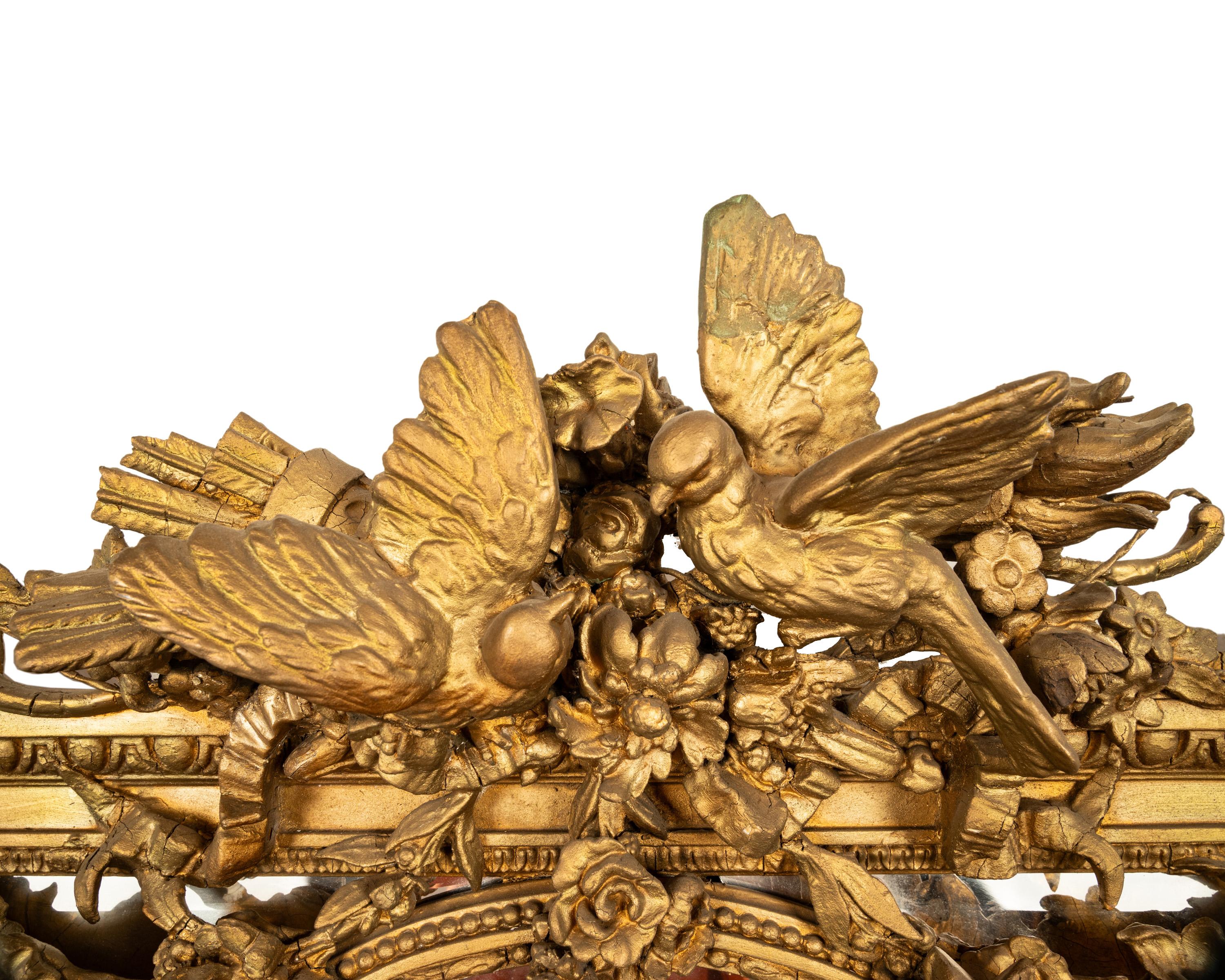 Grande Antique French Louis XVI Giltwood Gilt Composition Mirror Lovebirds 1870 2