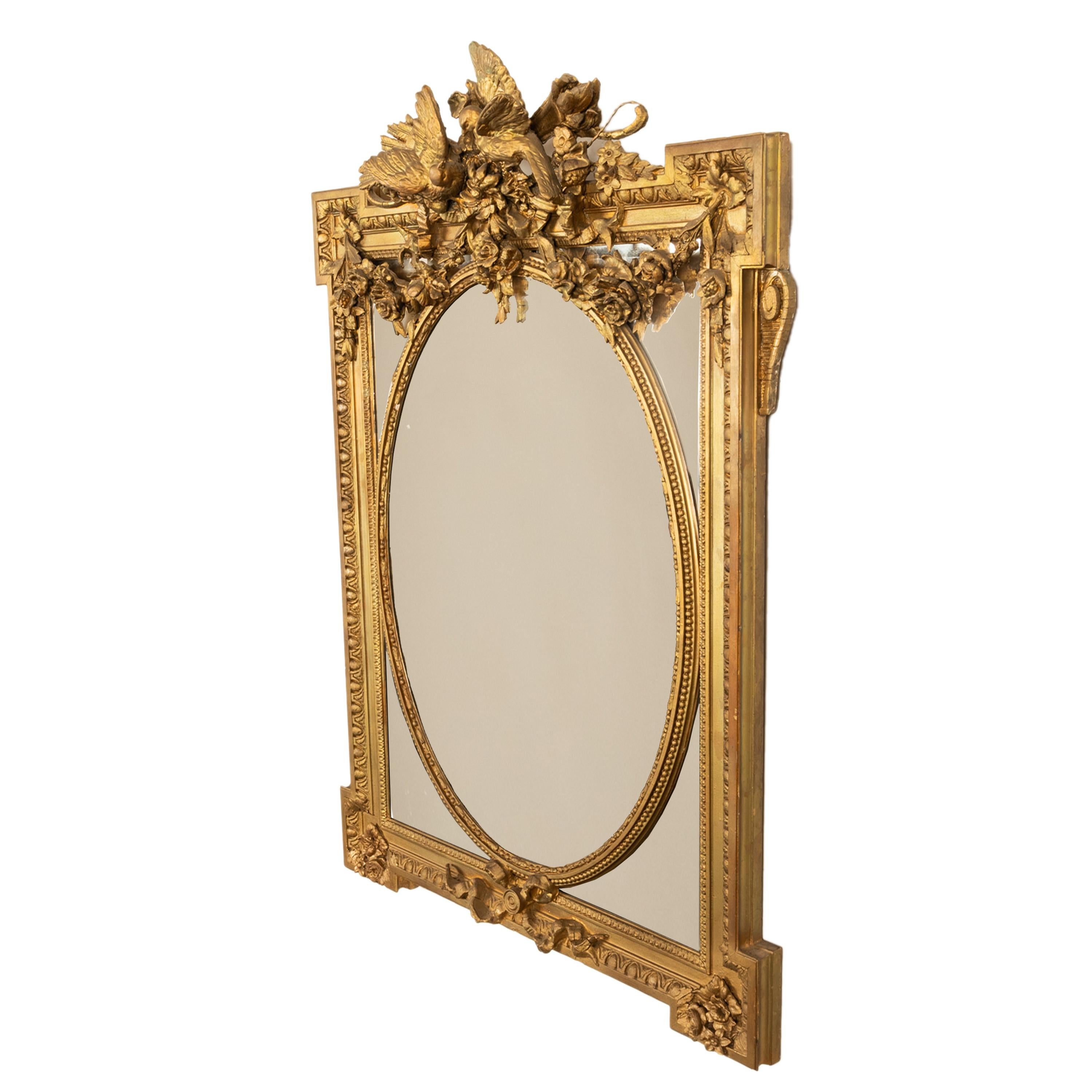 Luigi XVI Grande Antique French Louis XVI Giltwood Gilt Composition Mirror Lovebirds 1870