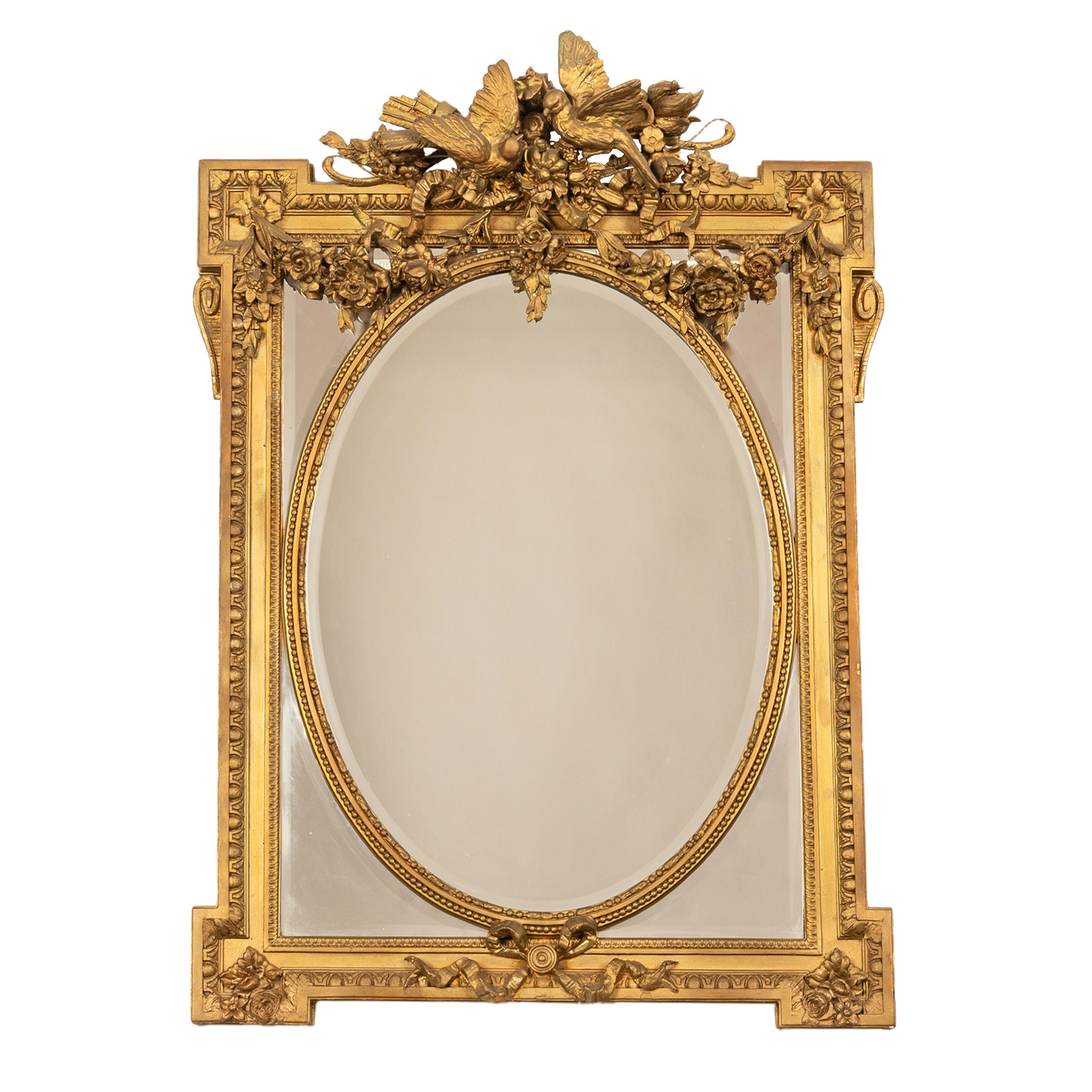 Francese Grande Antique French Louis XVI Giltwood Gilt Composition Mirror Lovebirds 1870