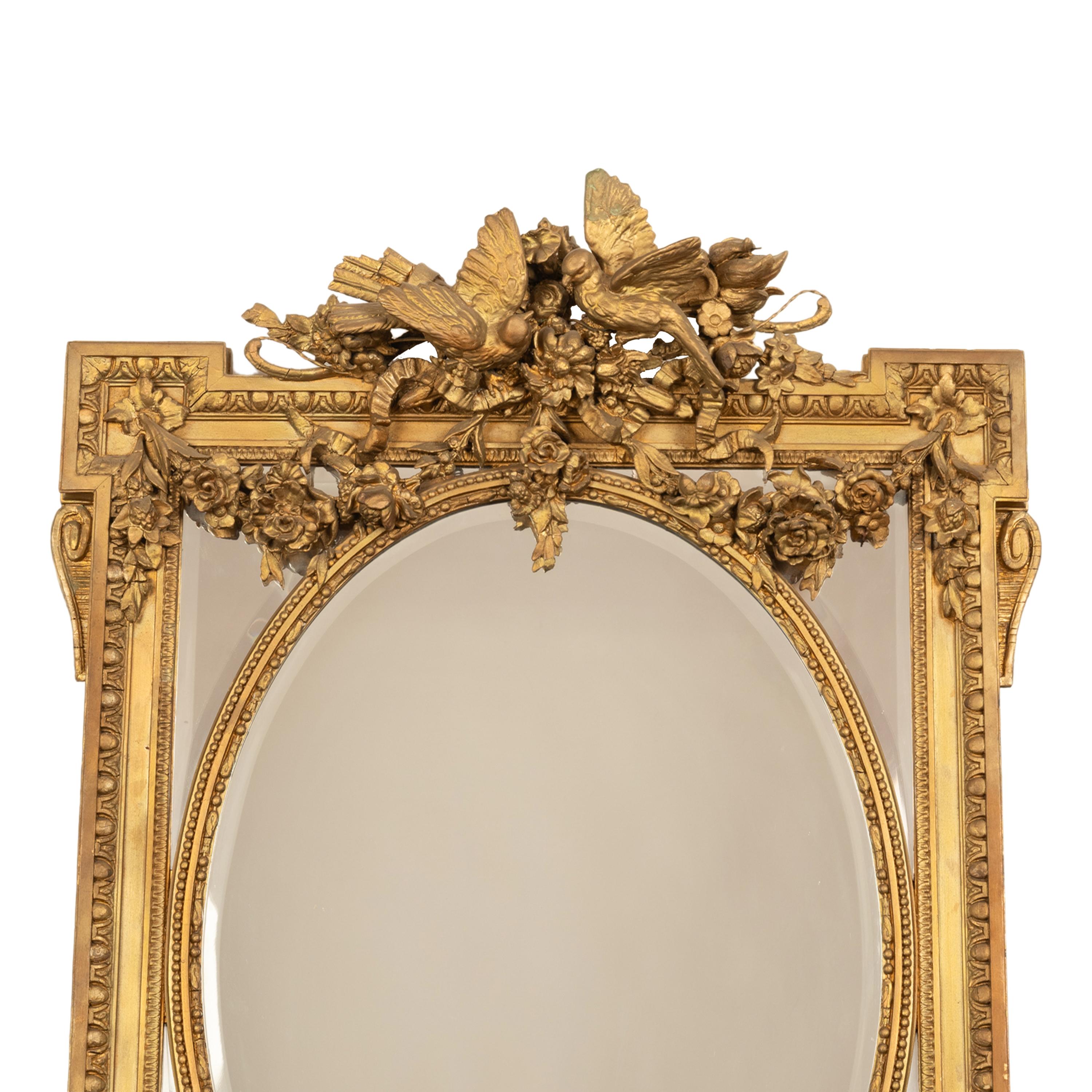 Dorato Grande Antique French Louis XVI Giltwood Gilt Composition Mirror Lovebirds 1870