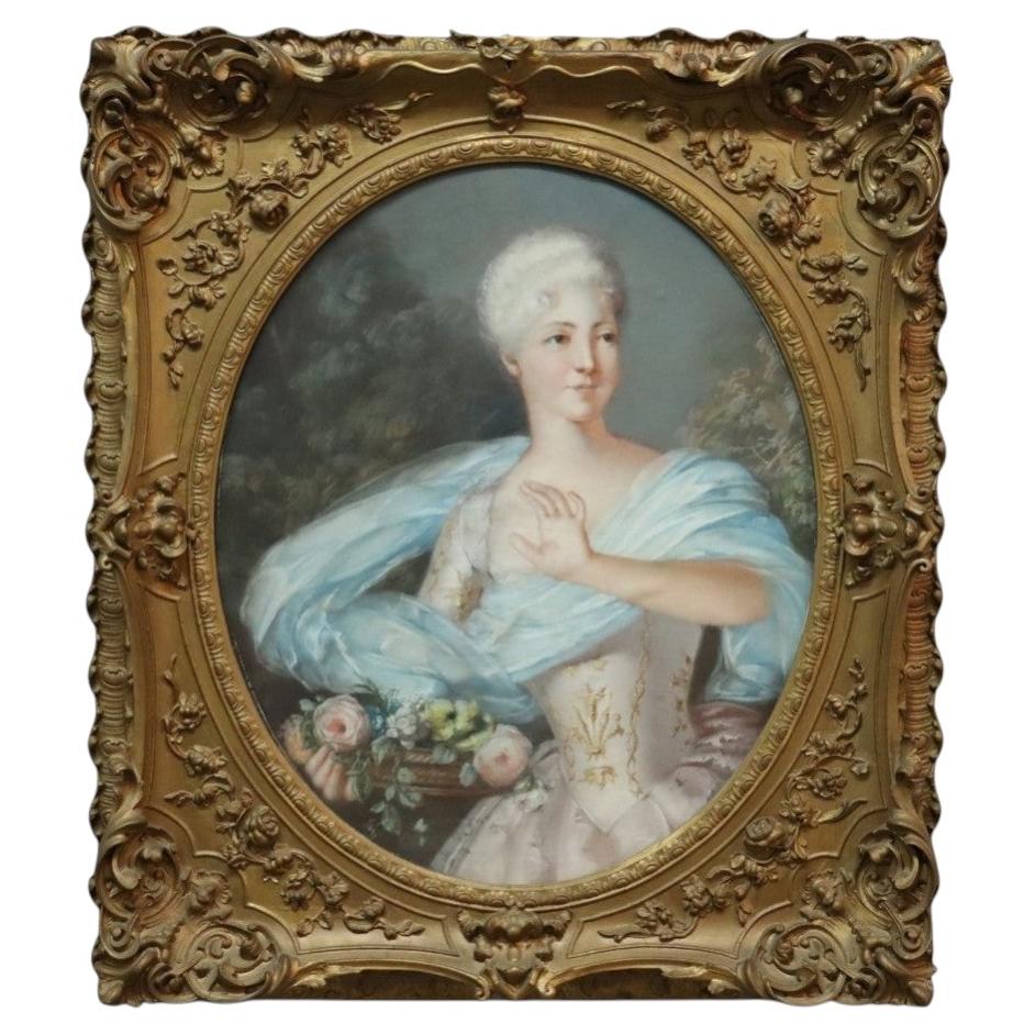 Large Antique French Louis XVI Pastel Portrait Of A Nobel Woman C1870