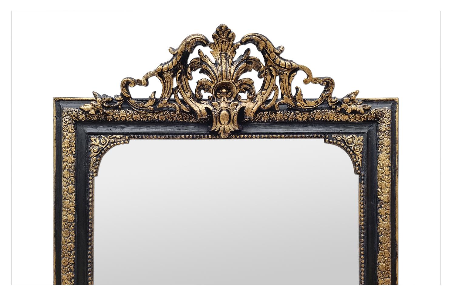 Napoleon III Large Antique French Mirror, Giltwood & Black Colors, circa 1860 For Sale