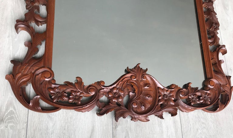 Large French Mirror in Hand Carved Solid Nutwood Frame with Flowery Decor For Sale 4