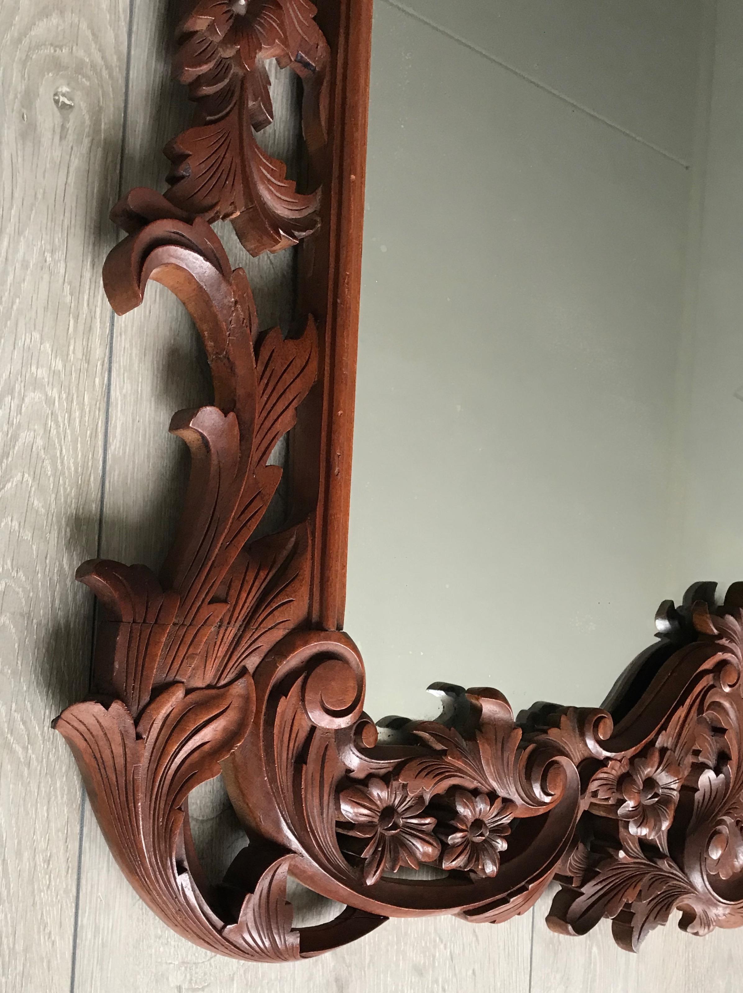 Large French Mirror in Hand Carved Solid Nutwood Frame with Flowery Decor For Sale 6