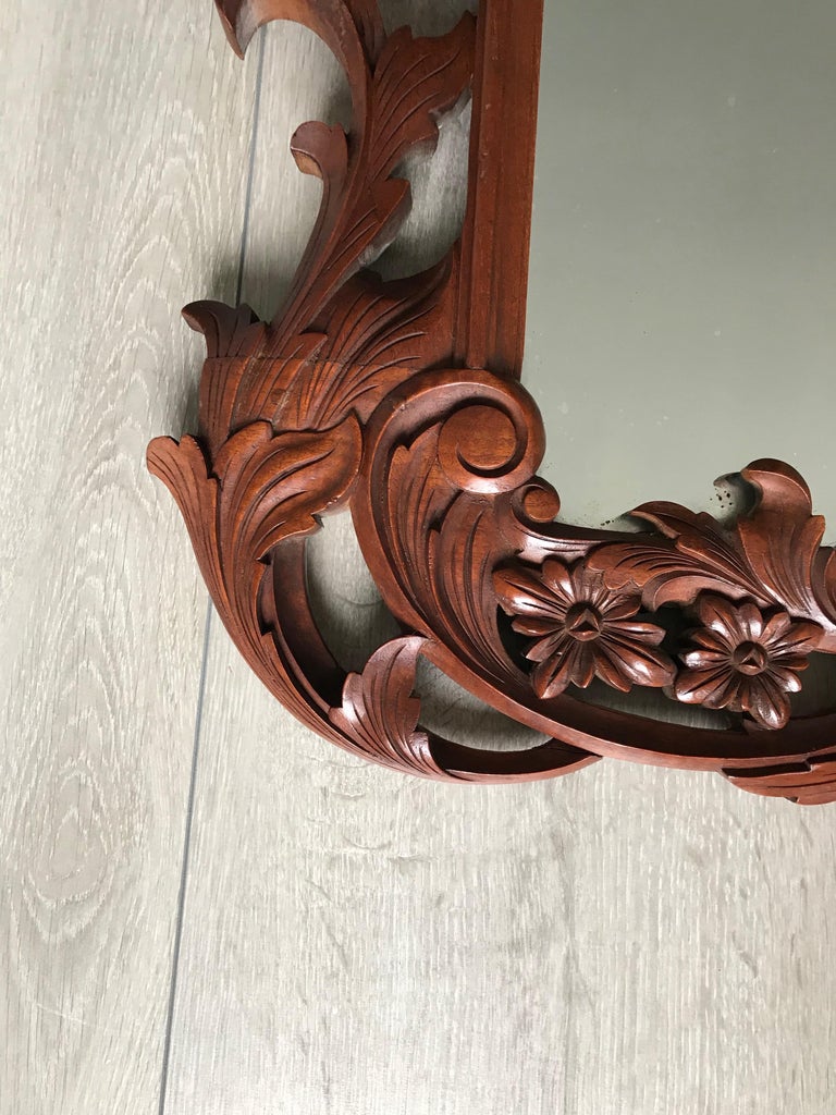 Large French Mirror in Hand Carved Solid Nutwood Frame with Flowery Decor For Sale 7