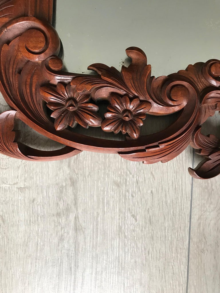Large French Mirror in Hand Carved Solid Nutwood Frame with Flowery Decor For Sale 8