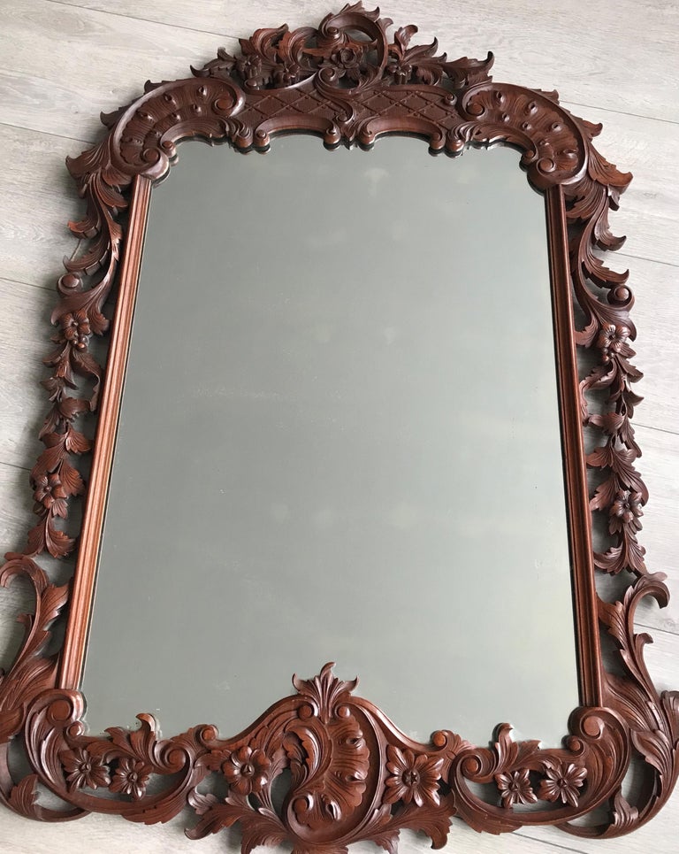 Large French Mirror in Hand Carved Solid Nutwood Frame with Flowery Decor For Sale 11