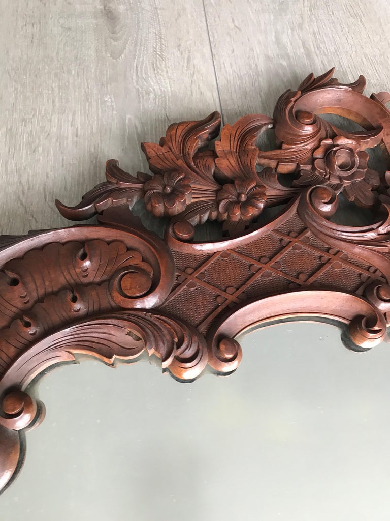 Large French Mirror in Hand Carved Solid Nutwood Frame with Flowery Decor For Sale 14