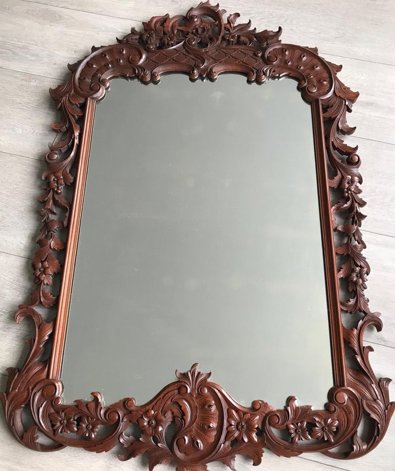 Romantic Large French Mirror in Hand Carved Solid Nutwood Frame with Flowery Decor For Sale
