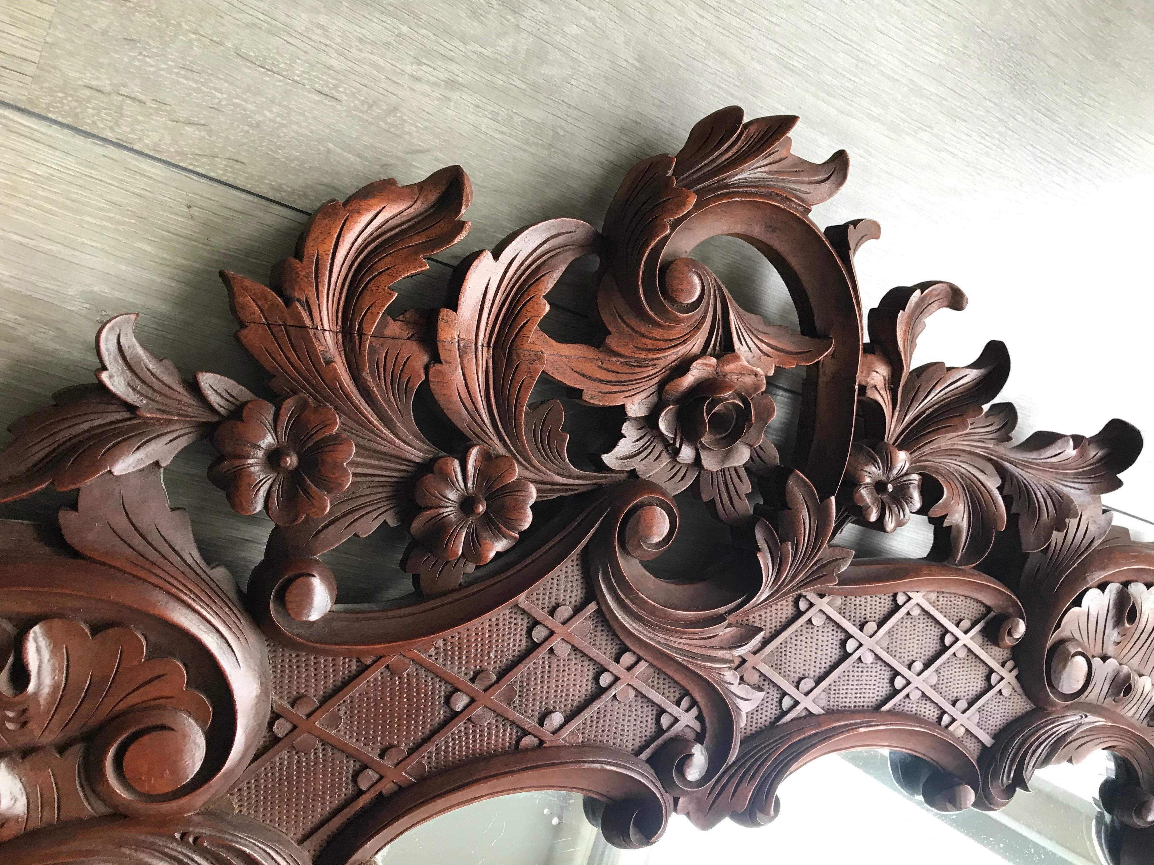 19th Century Large French Mirror in Hand Carved Solid Nutwood Frame with Flowery Decor For Sale