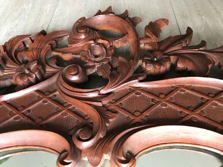 Large French Mirror in Hand Carved Solid Nutwood Frame with Flowery Decor For Sale 2
