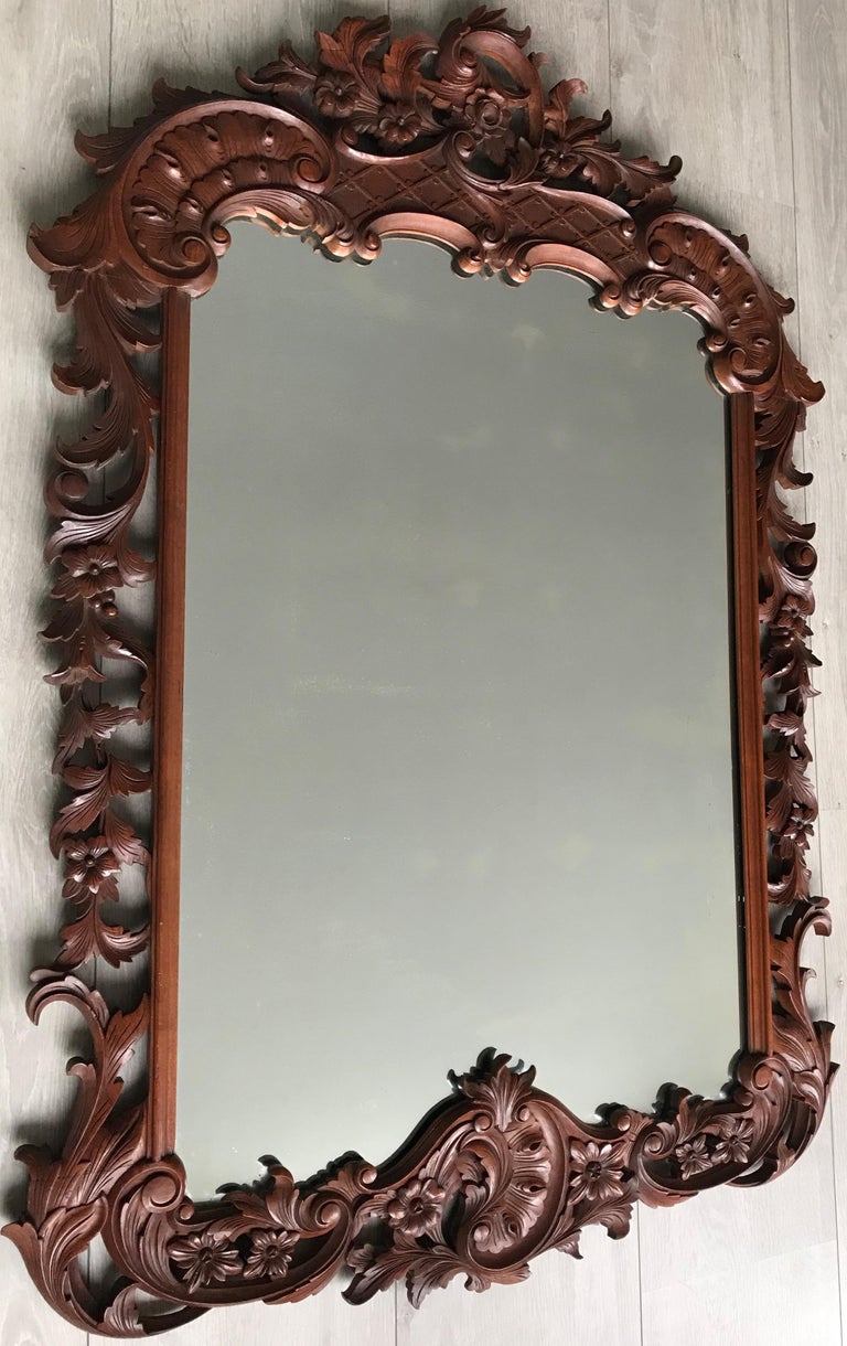 Large French Mirror in Hand Carved Solid Nutwood Frame with Flowery Decor For Sale 3