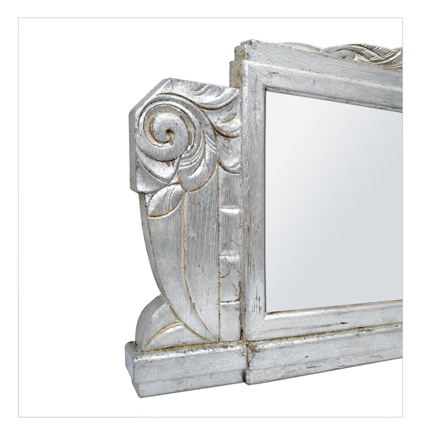 Silvered Large Antique French Mirror Silver Wood Art Deco Style, circa 1940 For Sale