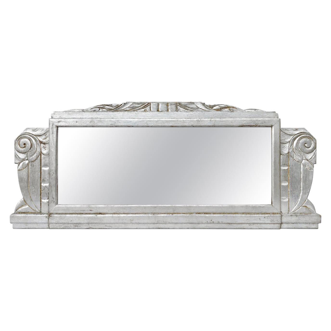 Large Antique French Mirror Silver Wood Art Deco Style, circa 1940 For Sale