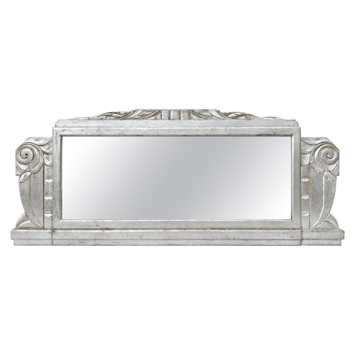 Large Antique French Mirror Silver Wood Art Deco Style, circa 1940