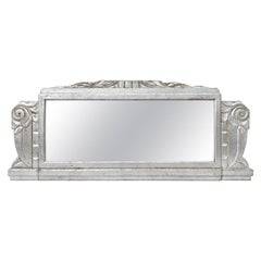 Large Antique French Mirror Silver Wood Art Deco Style, circa 1940