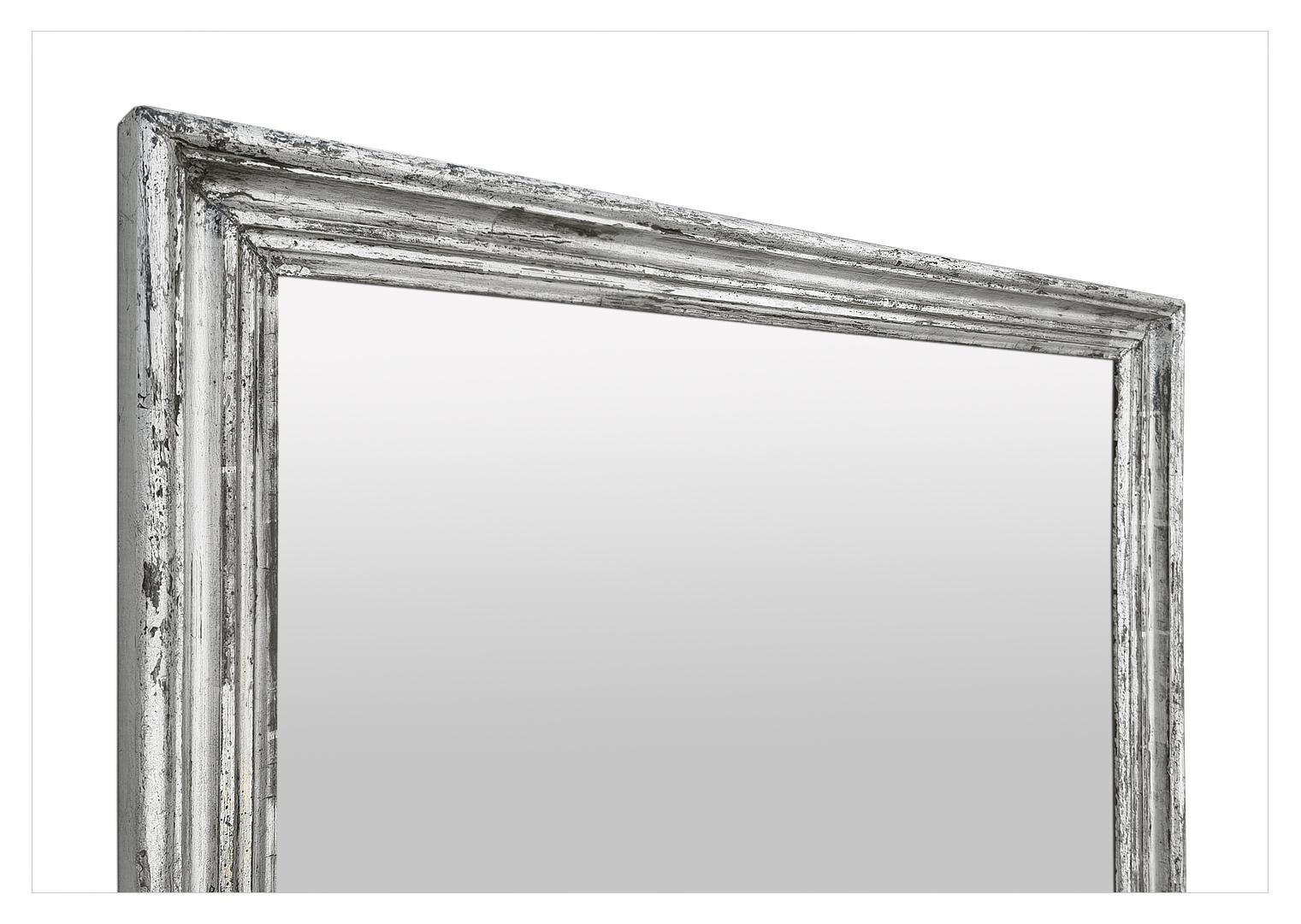 Industrial Large Antique French Mirror, Silverwood Patinated, circa 1890 For Sale