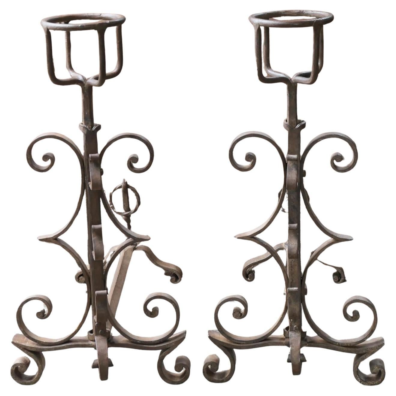 Large Antique French Napoleon III Andirons or Firedogs, 19th Century