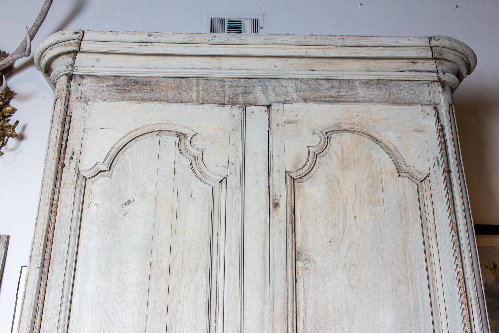 18th Century and Earlier Large Antique French Oak Armoire in Greige Wash