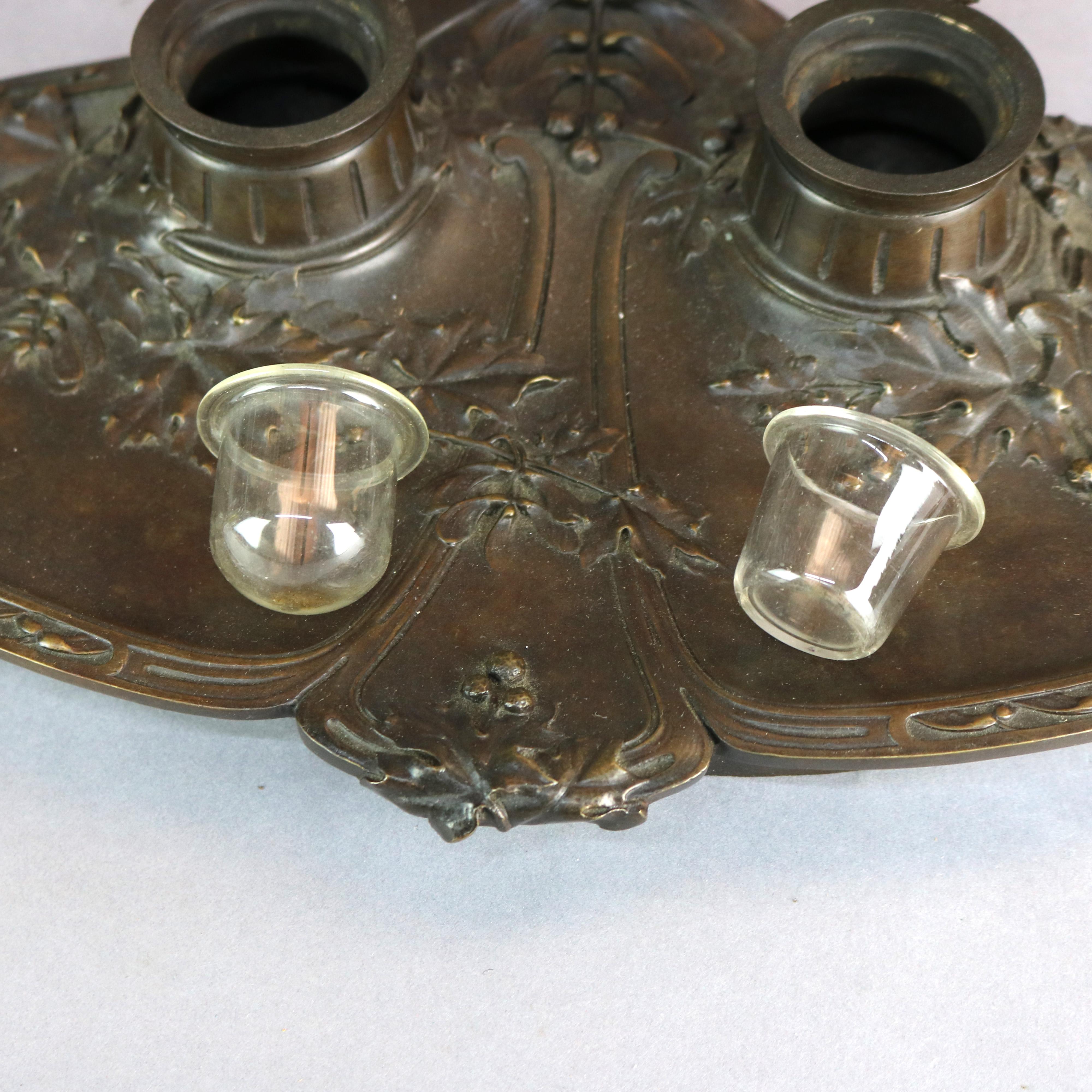 Large Antique French Oak Leaf Repousse Bronze Double Inkwell & Tray, Circa 1890 5