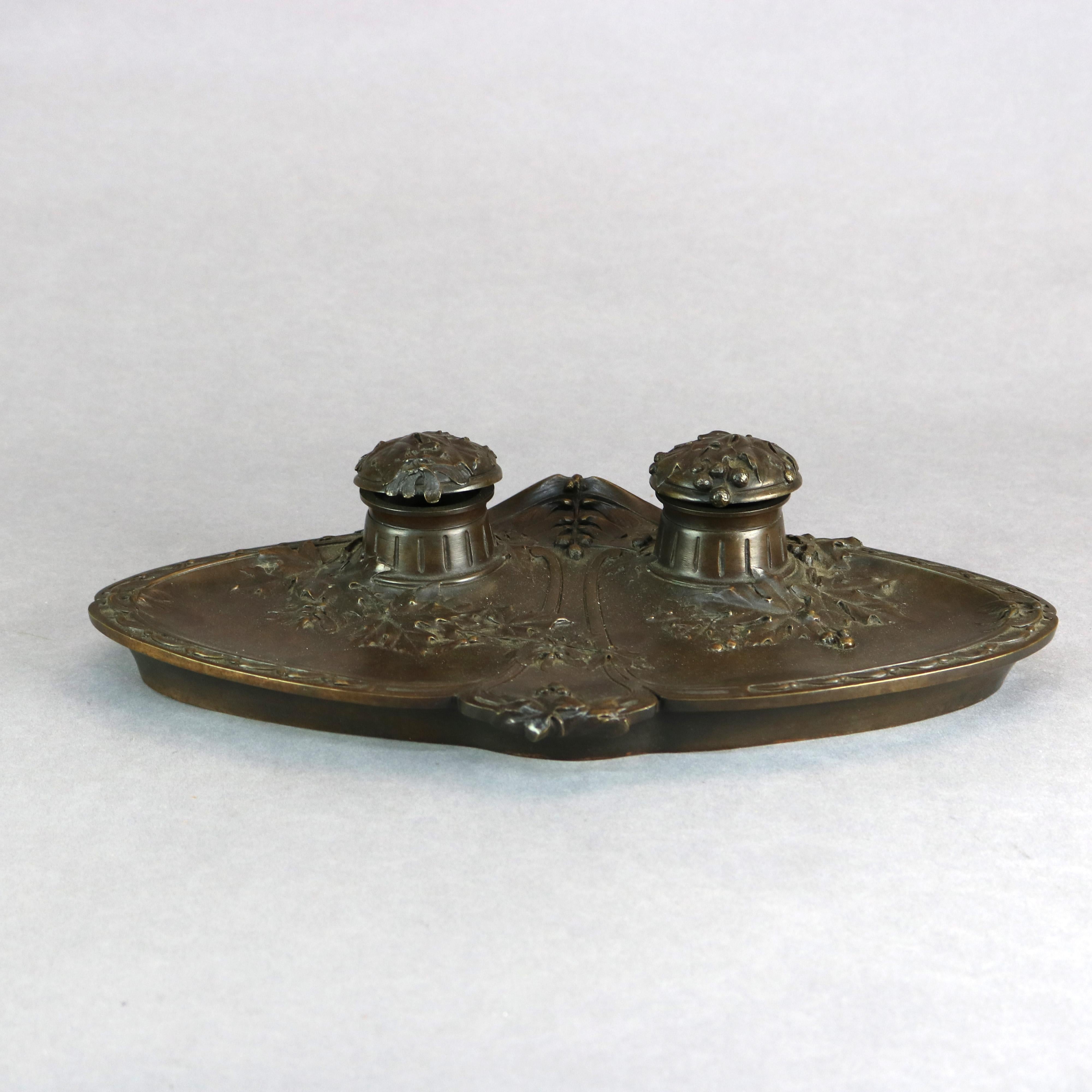 Large Antique French Oak Leaf Repousse Bronze Double Inkwell & Tray, Circa 1890 7