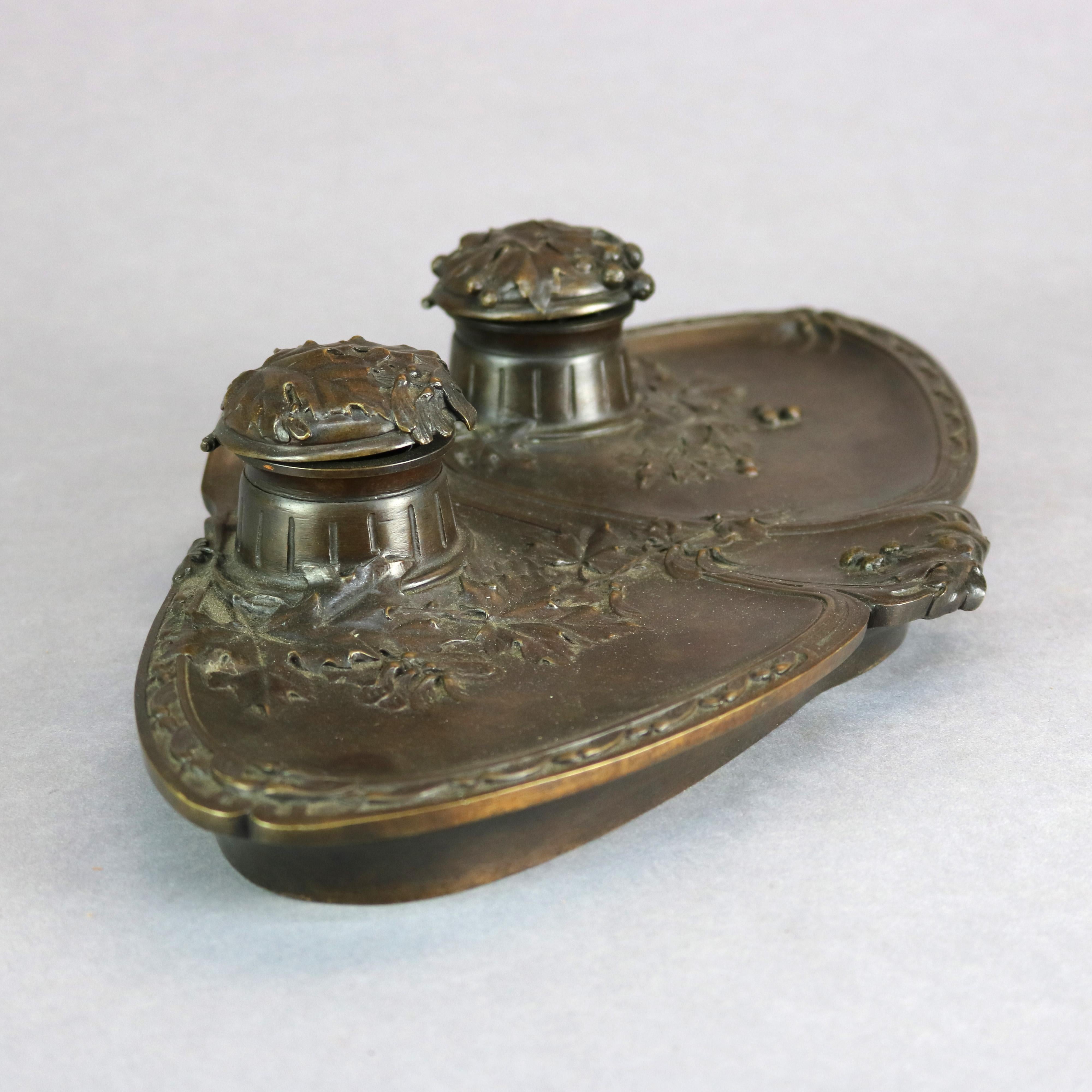 Large Antique French Oak Leaf Repousse Bronze Double Inkwell & Tray, Circa 1890 8