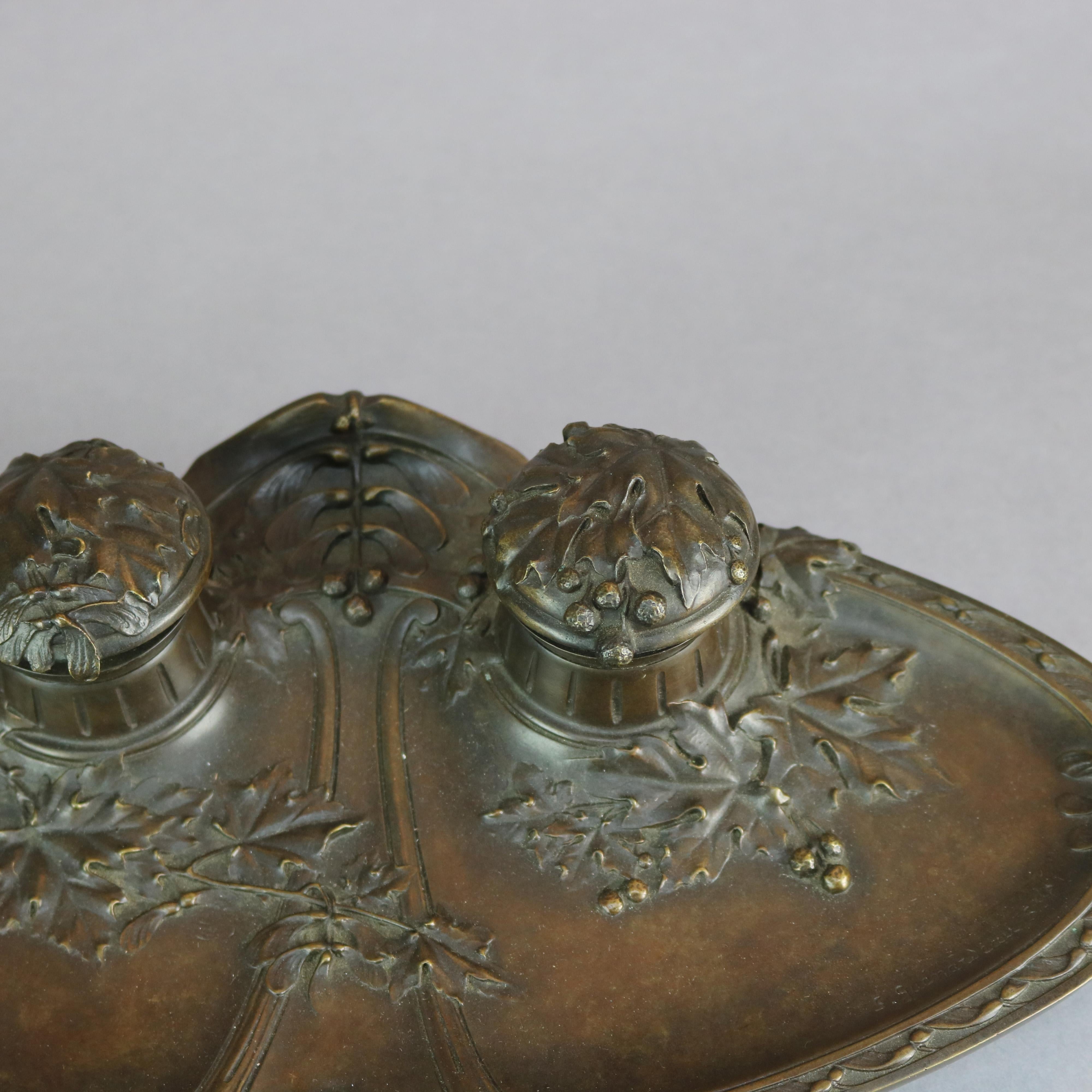 Cast Large Antique French Oak Leaf Repousse Bronze Double Inkwell & Tray, Circa 1890