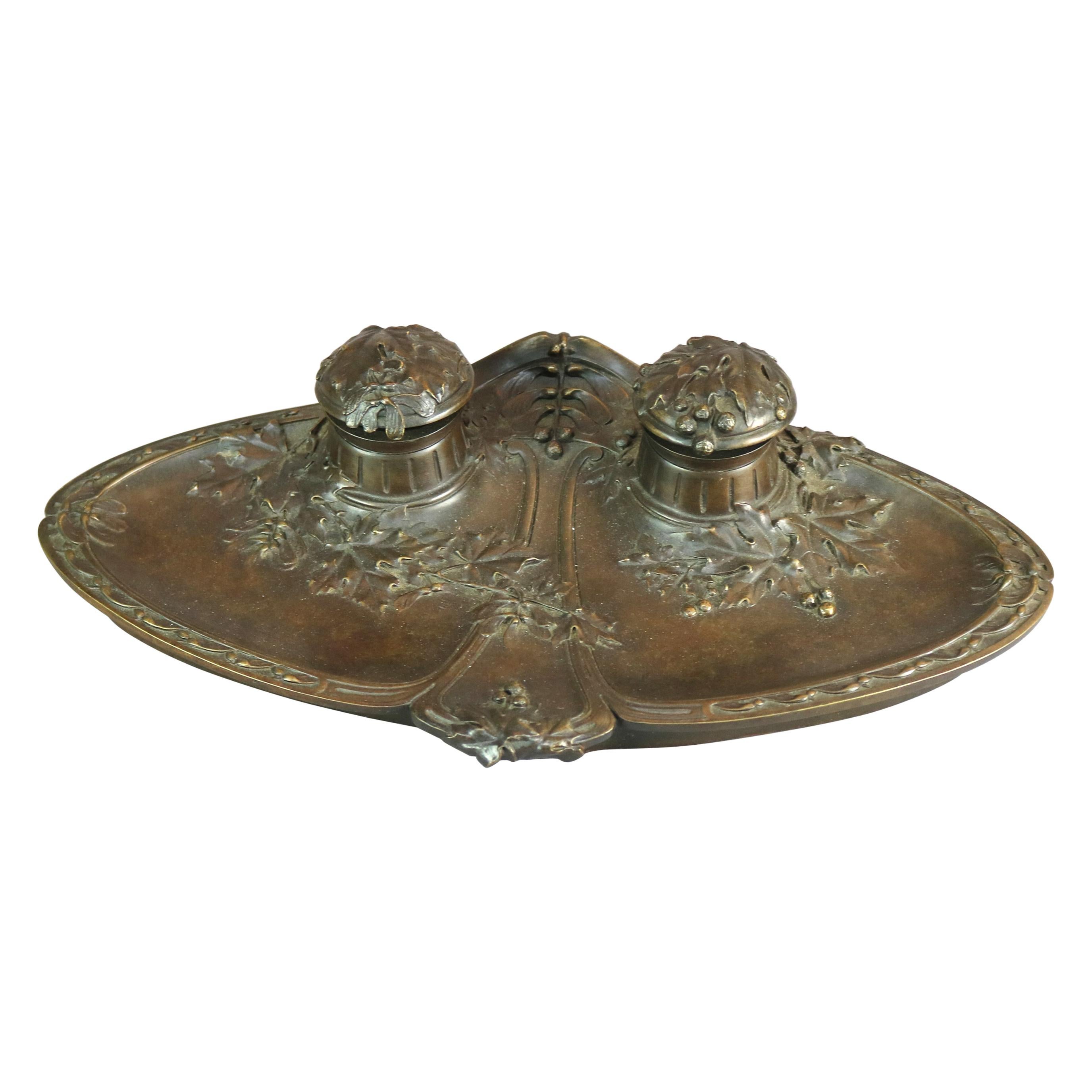 Large Antique French Oak Leaf Repousse Bronze Double Inkwell & Tray, Circa 1890
