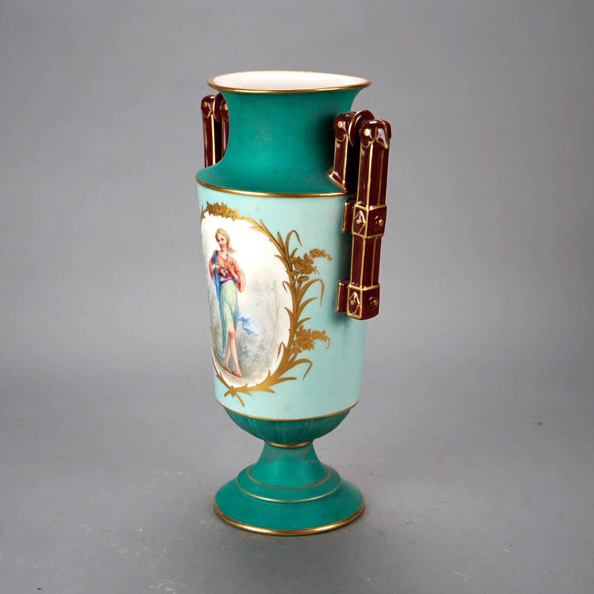 An antique and large French Old Paris vase offers porcelain footed construction with hand painted portrait of young girl on green ground, flanking handles and gilt highlights throughout, 19th century

Measures- 15.5'' H x 8.75'' W x 6.25'' D.
