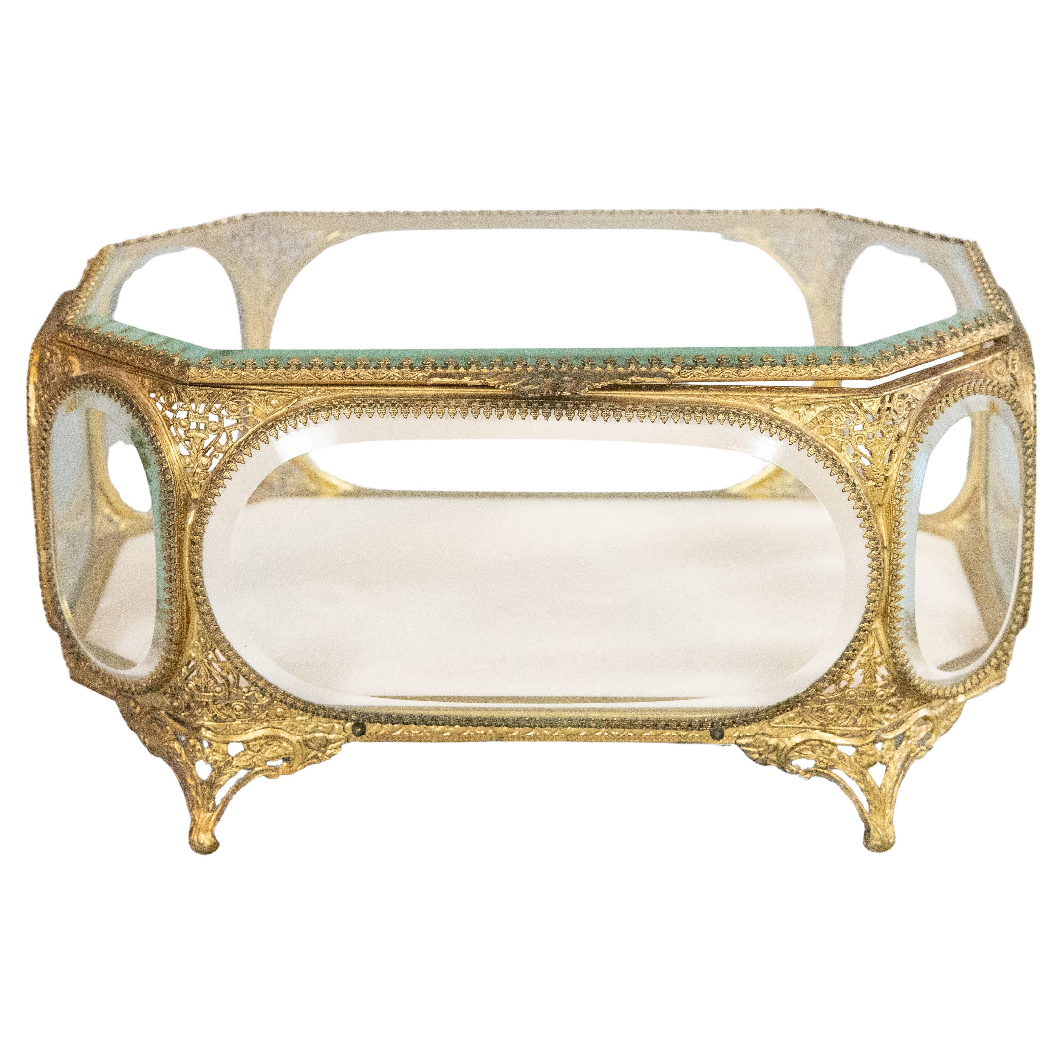 Large Antique French Ormolu & Beveled Glass Jewelry Casket or Dresser Box