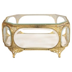 Large Antique French Ormolu & Beveled Glass Jewelry Casket or Dresser Box