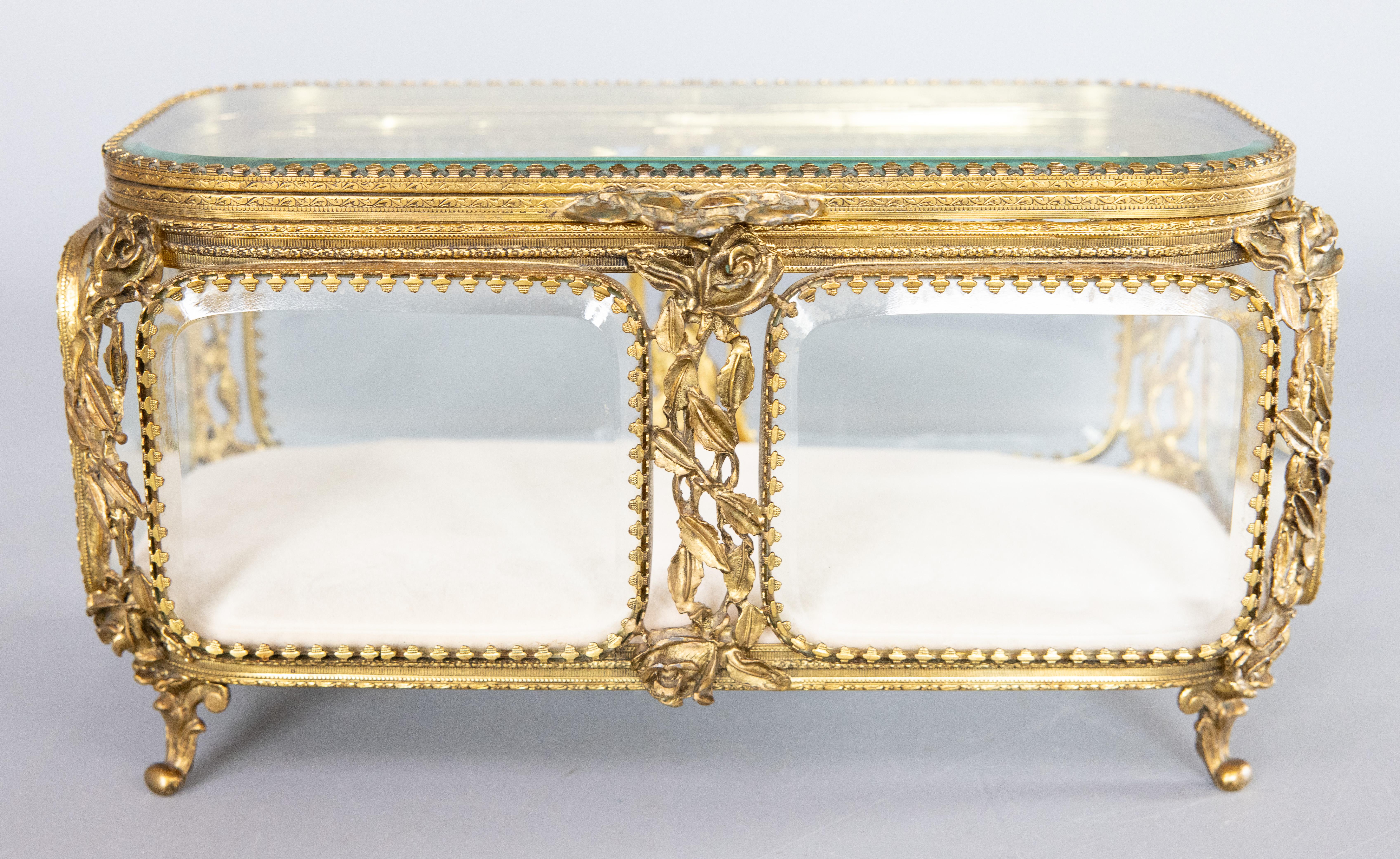 Large Antique French Ormolu & Beveled Glass Roses Jewelry Casket or Dresser Box 6