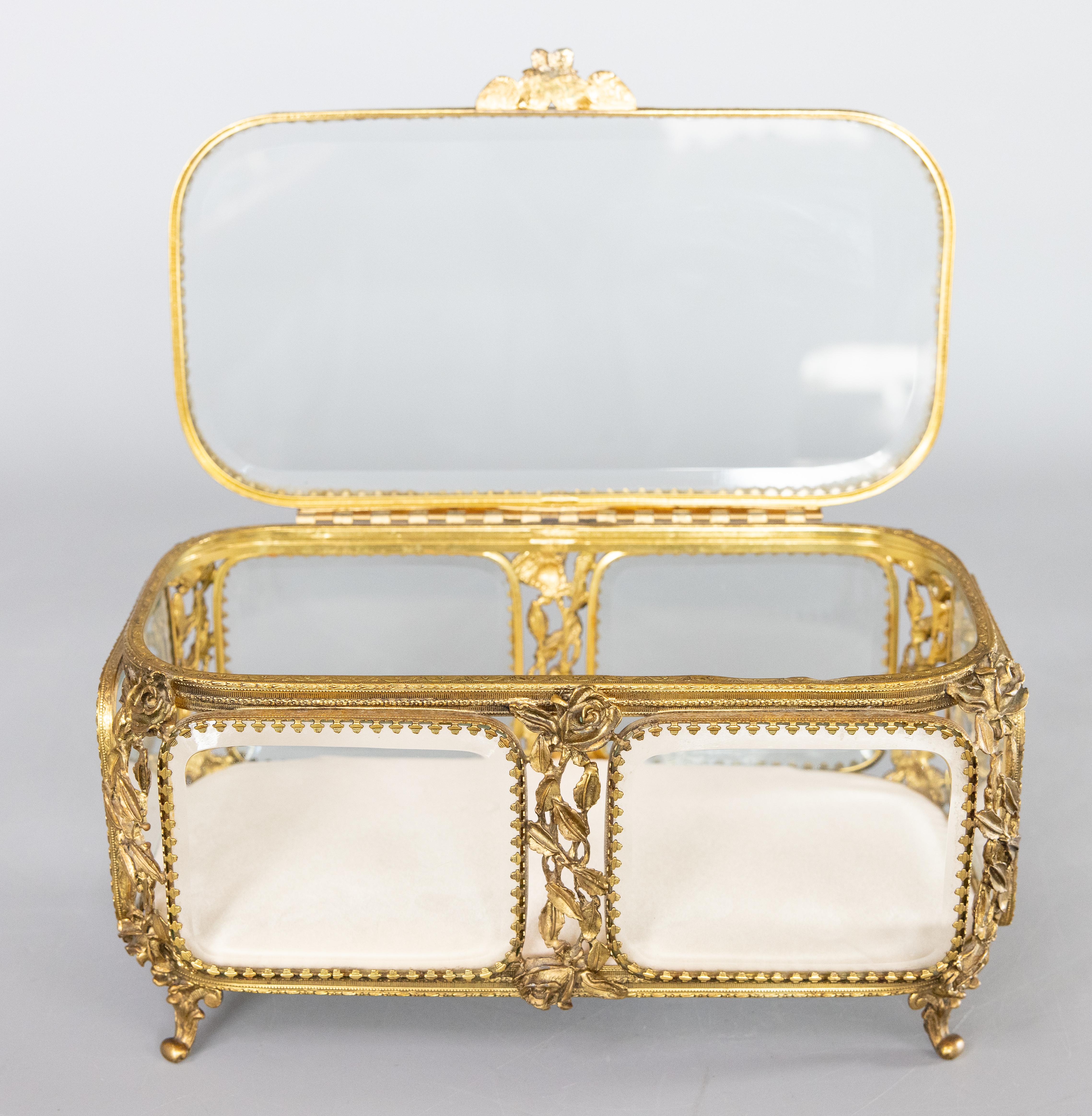 Rococo Large Antique French Ormolu & Beveled Glass Roses Jewelry Casket or Dresser Box