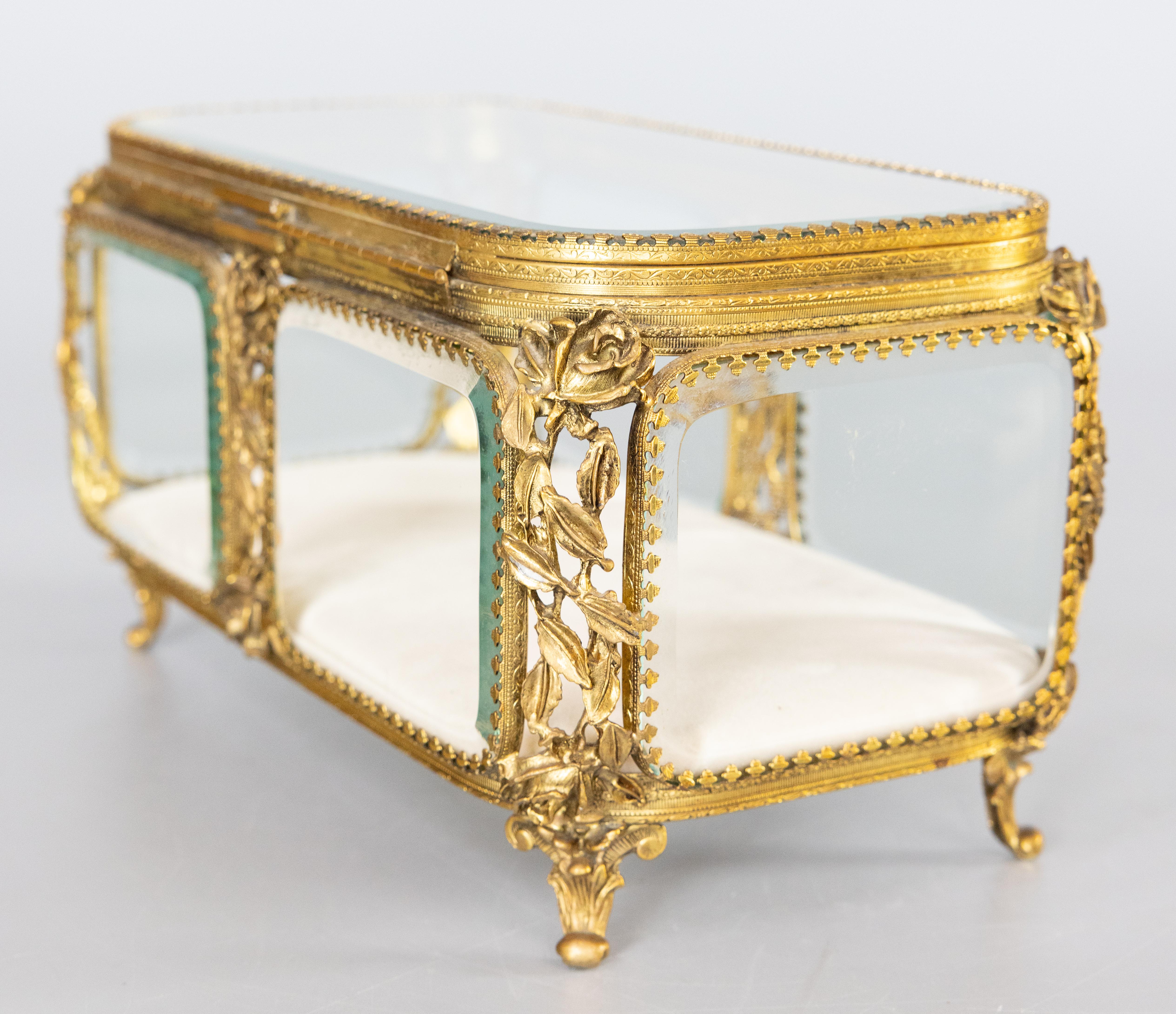 Large Antique French Ormolu & Beveled Glass Roses Jewelry Casket or Dresser Box 1