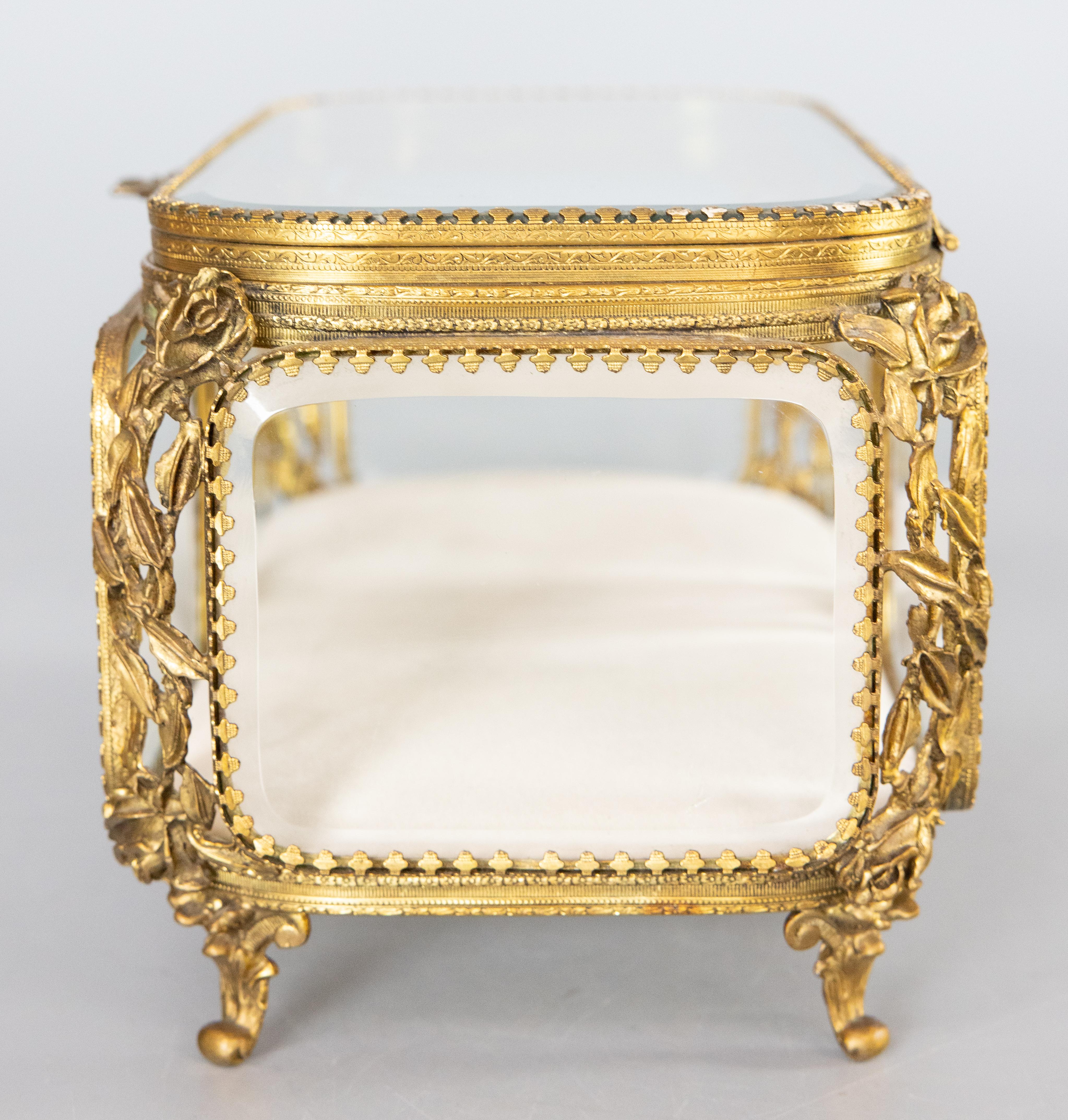 Large Antique French Ormolu & Beveled Glass Roses Jewelry Casket or Dresser Box 2