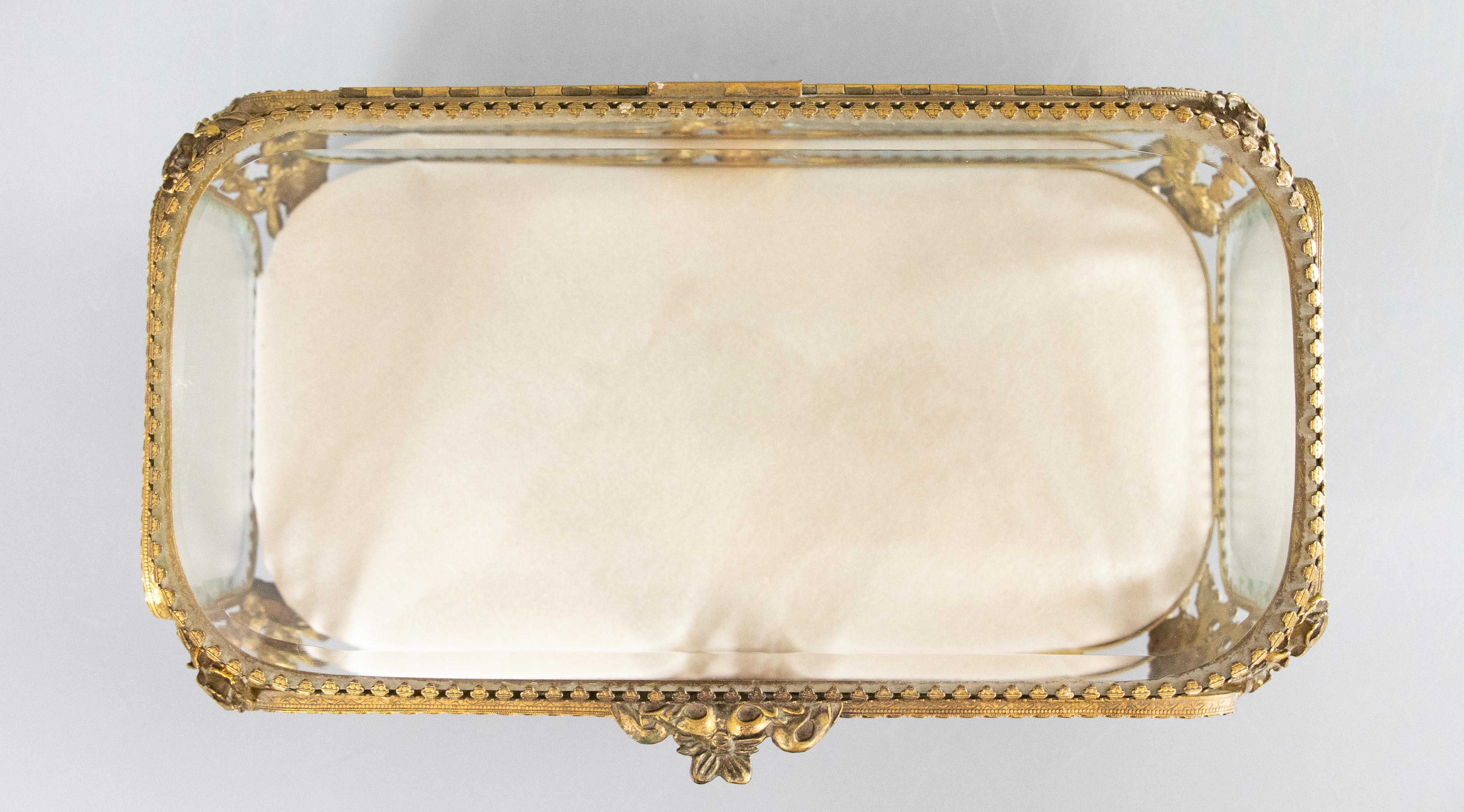 Large Antique French Ormolu & Beveled Glass Roses Jewelry Casket or Dresser Box 3