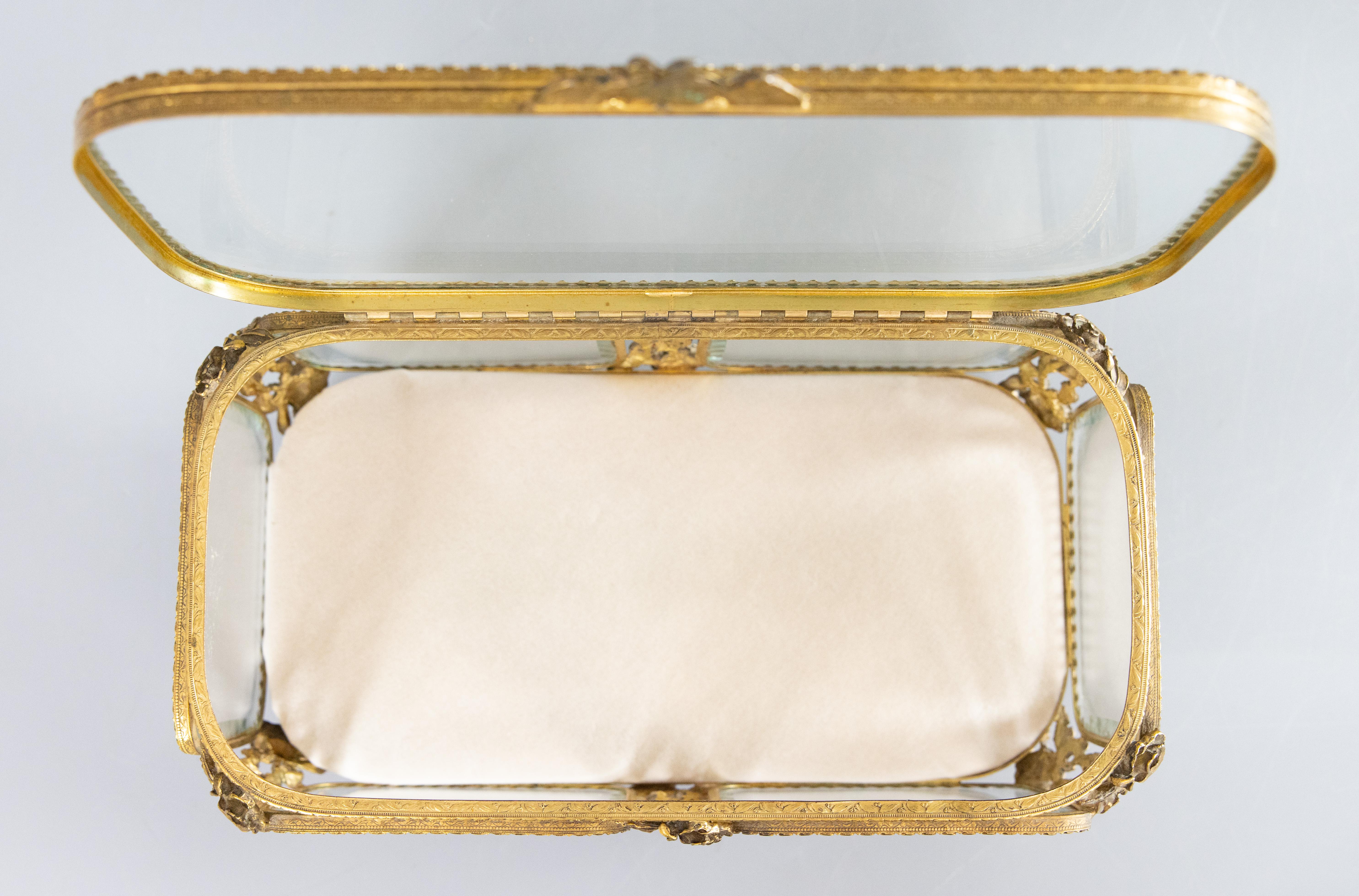 Large Antique French Ormolu & Beveled Glass Roses Jewelry Casket or Dresser Box 4