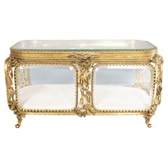 Large Antique French Ormolu & Beveled Glass Roses Jewelry Casket or Dresser Box