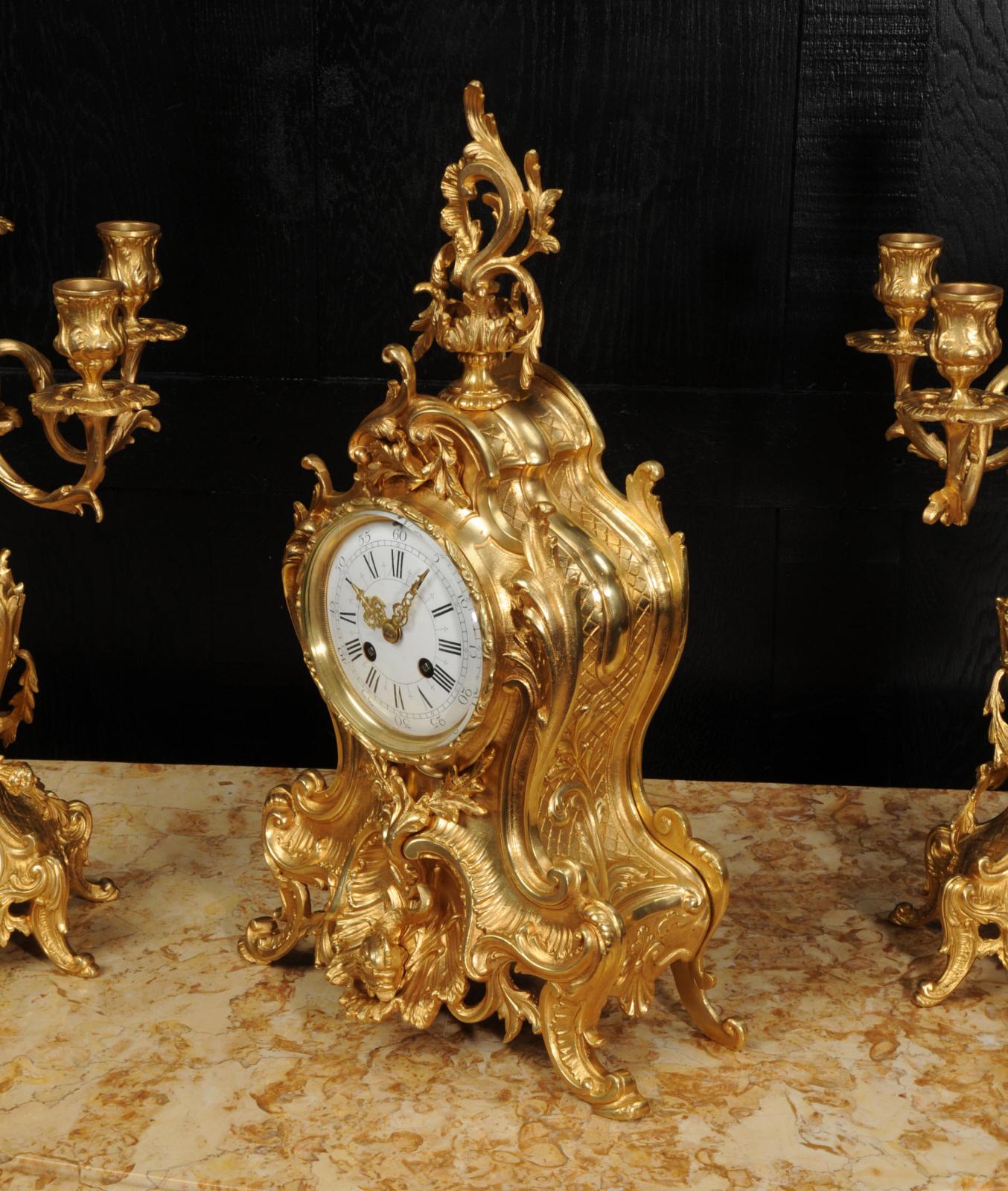 Large Antique French Ormolu Rococo Clock Set, Dolphins For Sale 5