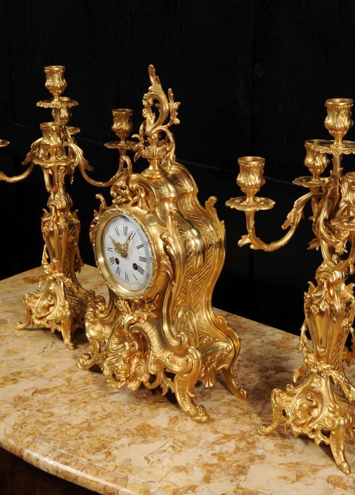 Large Antique French Ormolu Rococo Clock Set, Dolphins For Sale 6